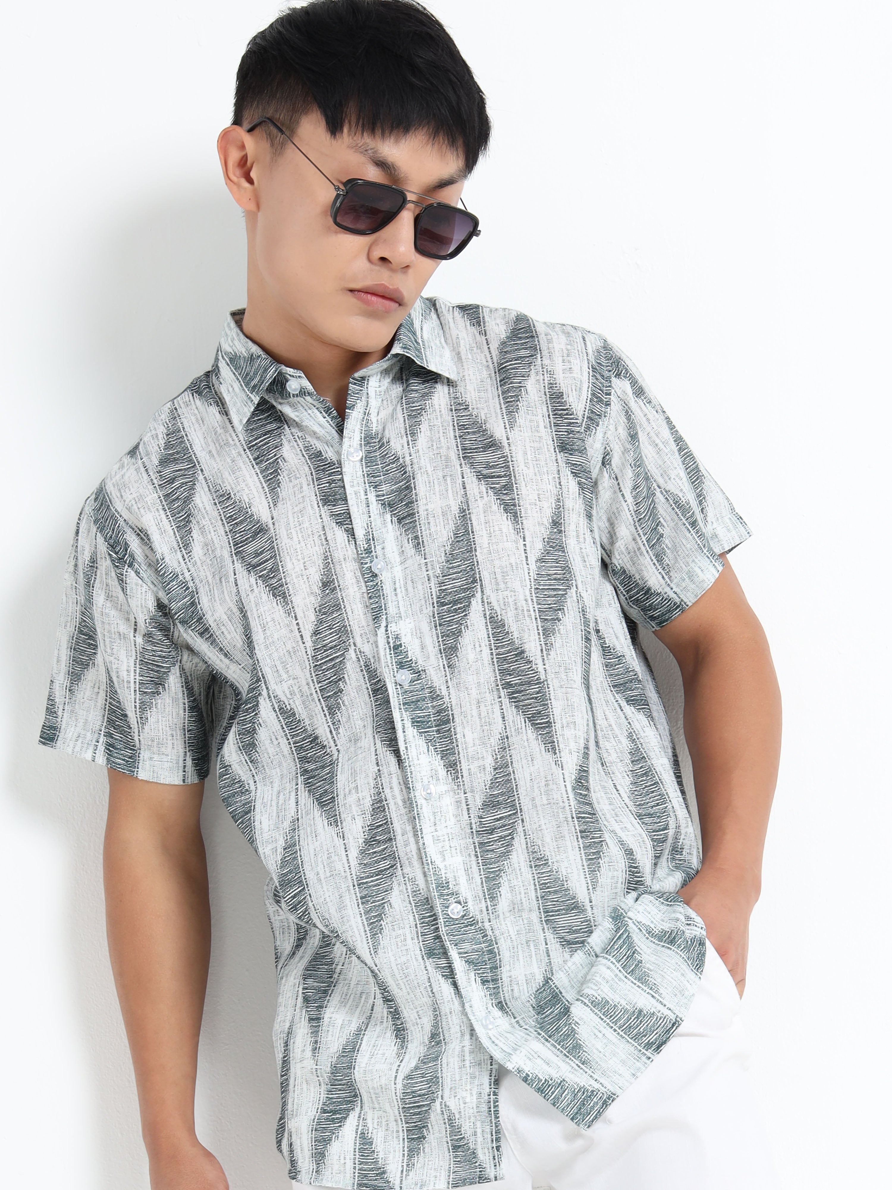 Men's Green Ikat Chevron Short Sleeve Shirt
