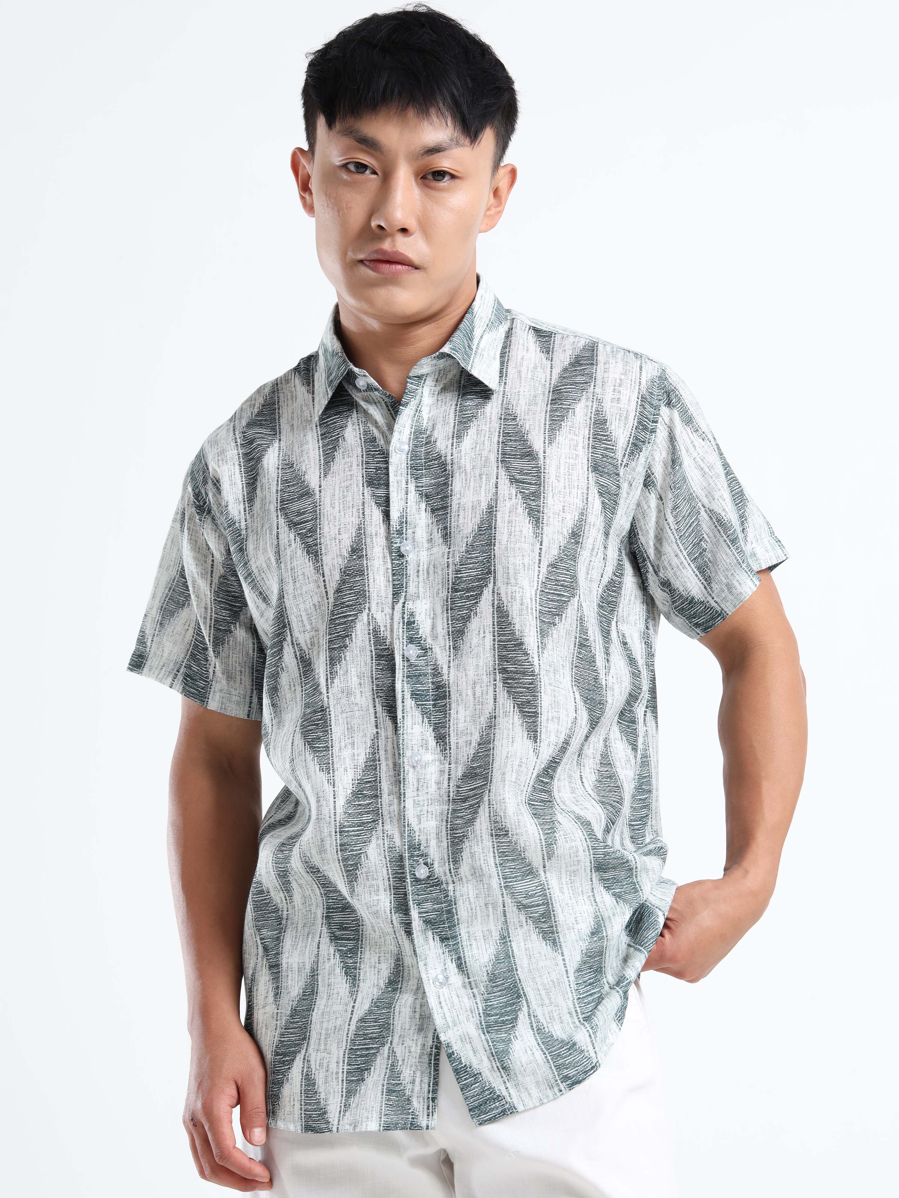 Men's Green Ikat Chevron Short Sleeve Shirt