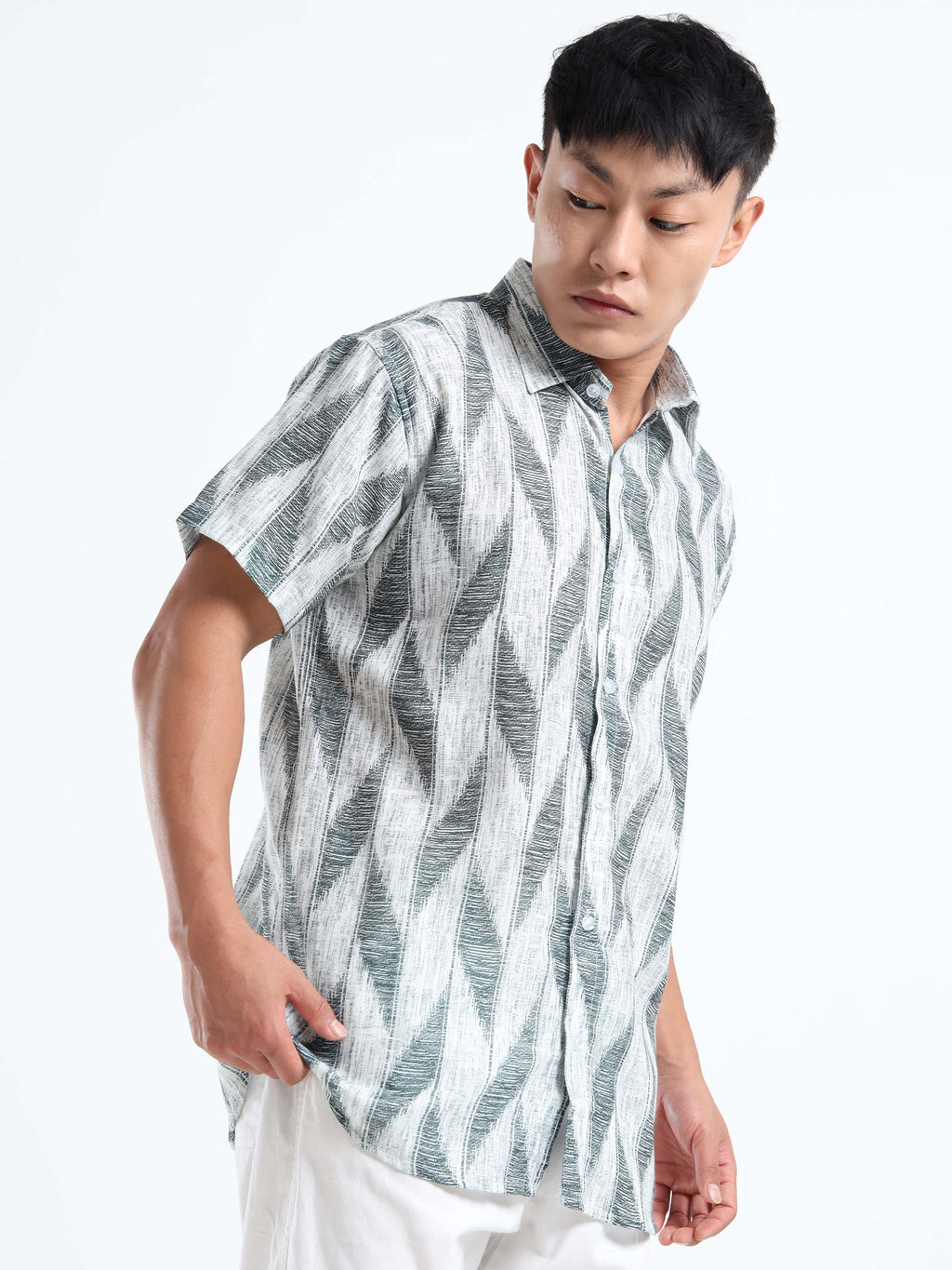 Men's Green Ikat Chevron Short Sleeve Shirt