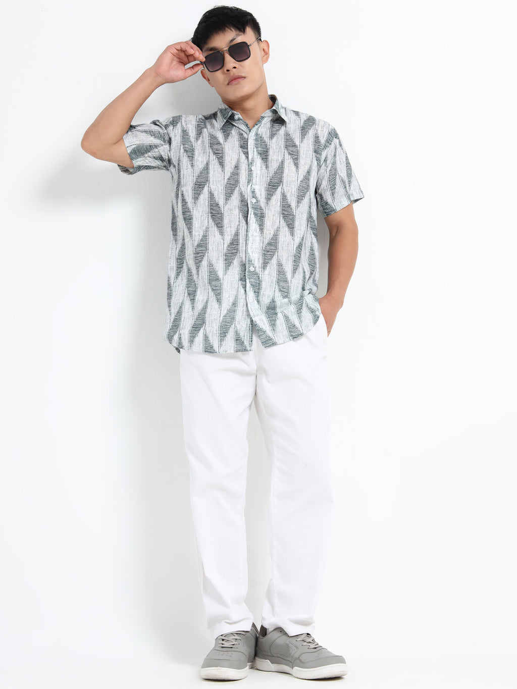 Men's Green Ikat Chevron Short Sleeve Shirt