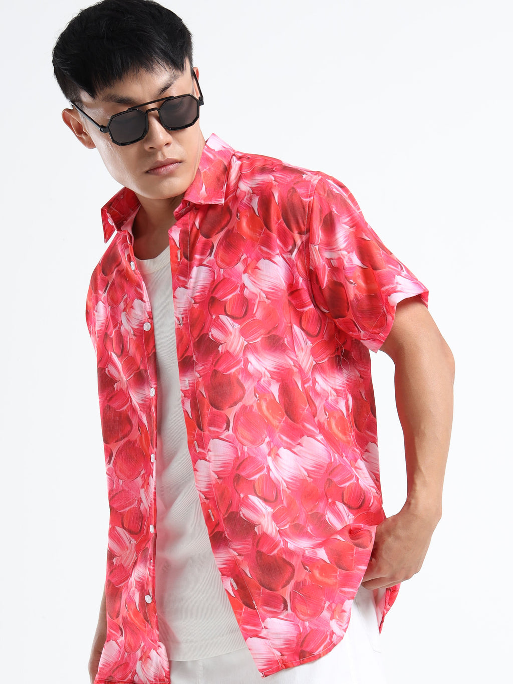 Men's Slim Fit Red Pink Abstract Brushstroke Printed Casual Shirt