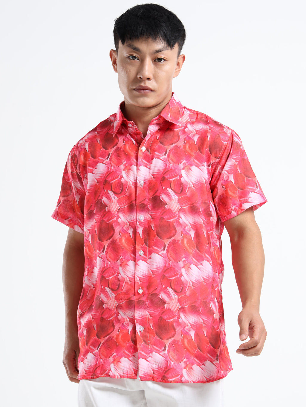 Men's Slim Fit Red Pink Abstract Brushstroke Printed Casual Shirt