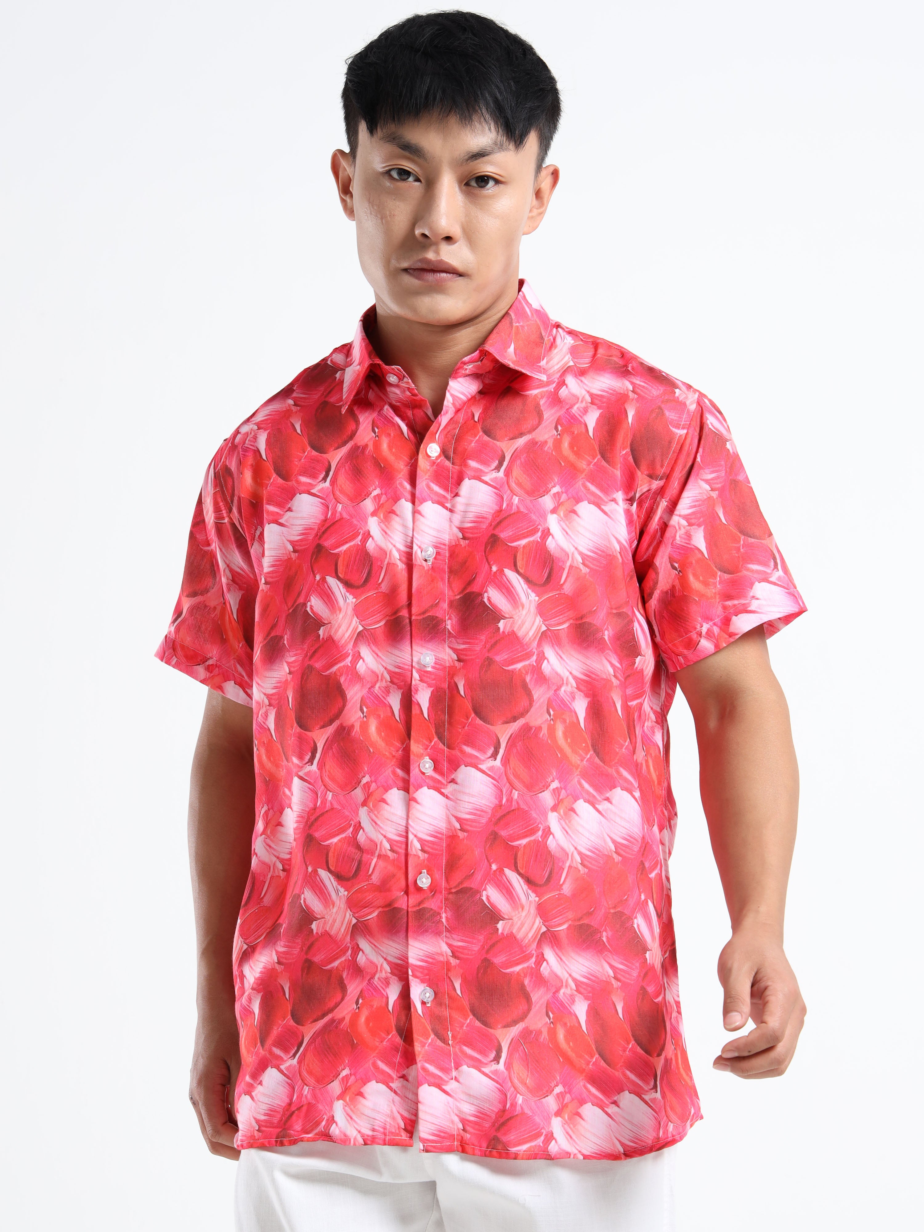 Men's Slim Fit Red Pink Abstract Brushstroke Printed Casual Shirt