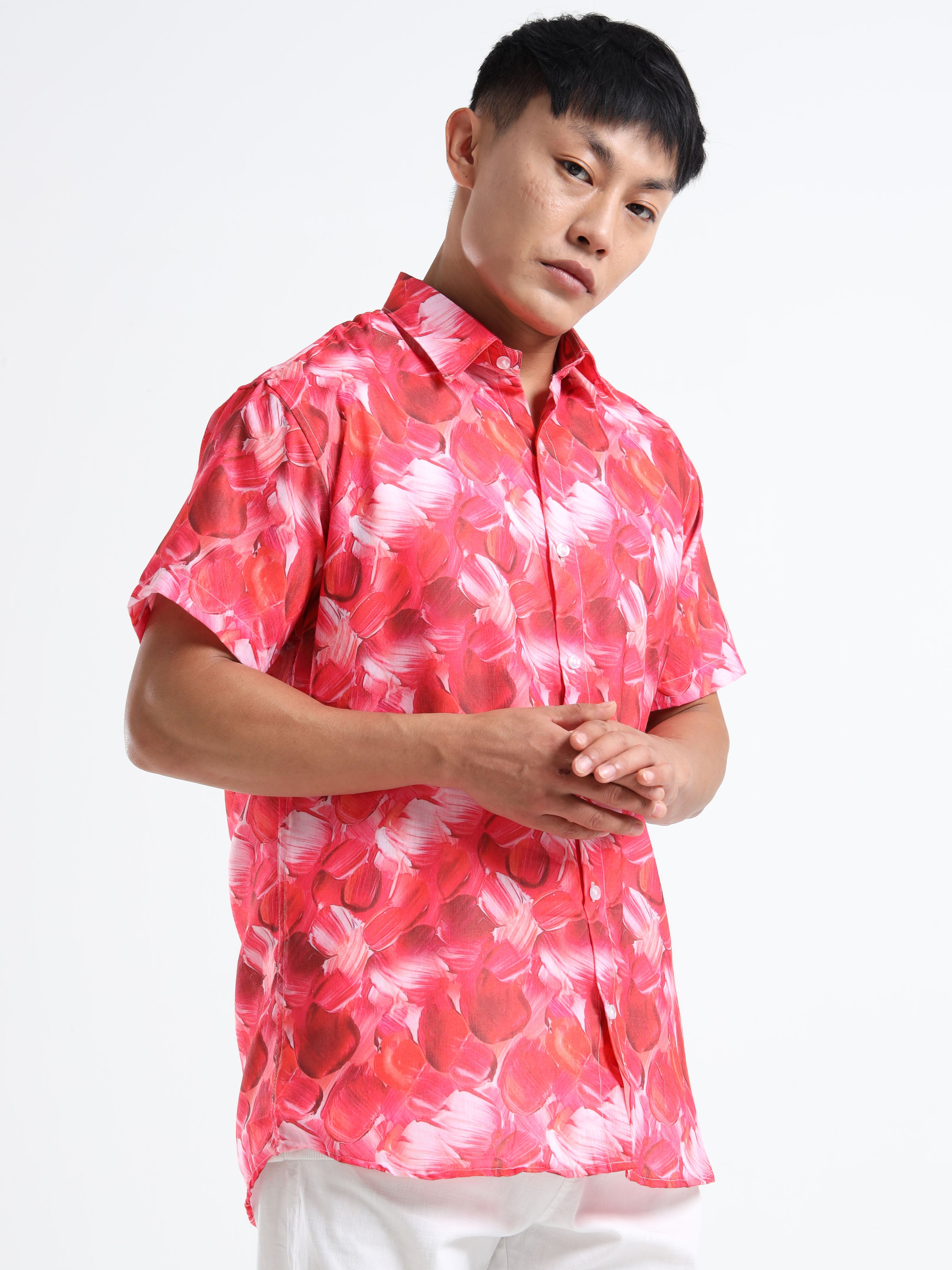 Men's Slim Fit Red Pink Abstract Brushstroke Printed Casual Shirt