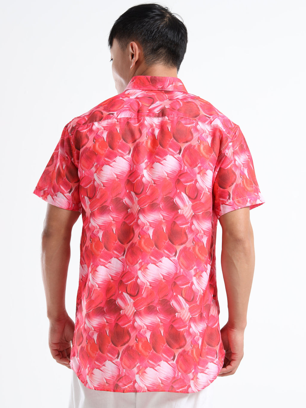 Men's Slim Fit Red Pink Abstract Brushstroke Printed Casual Shirt
