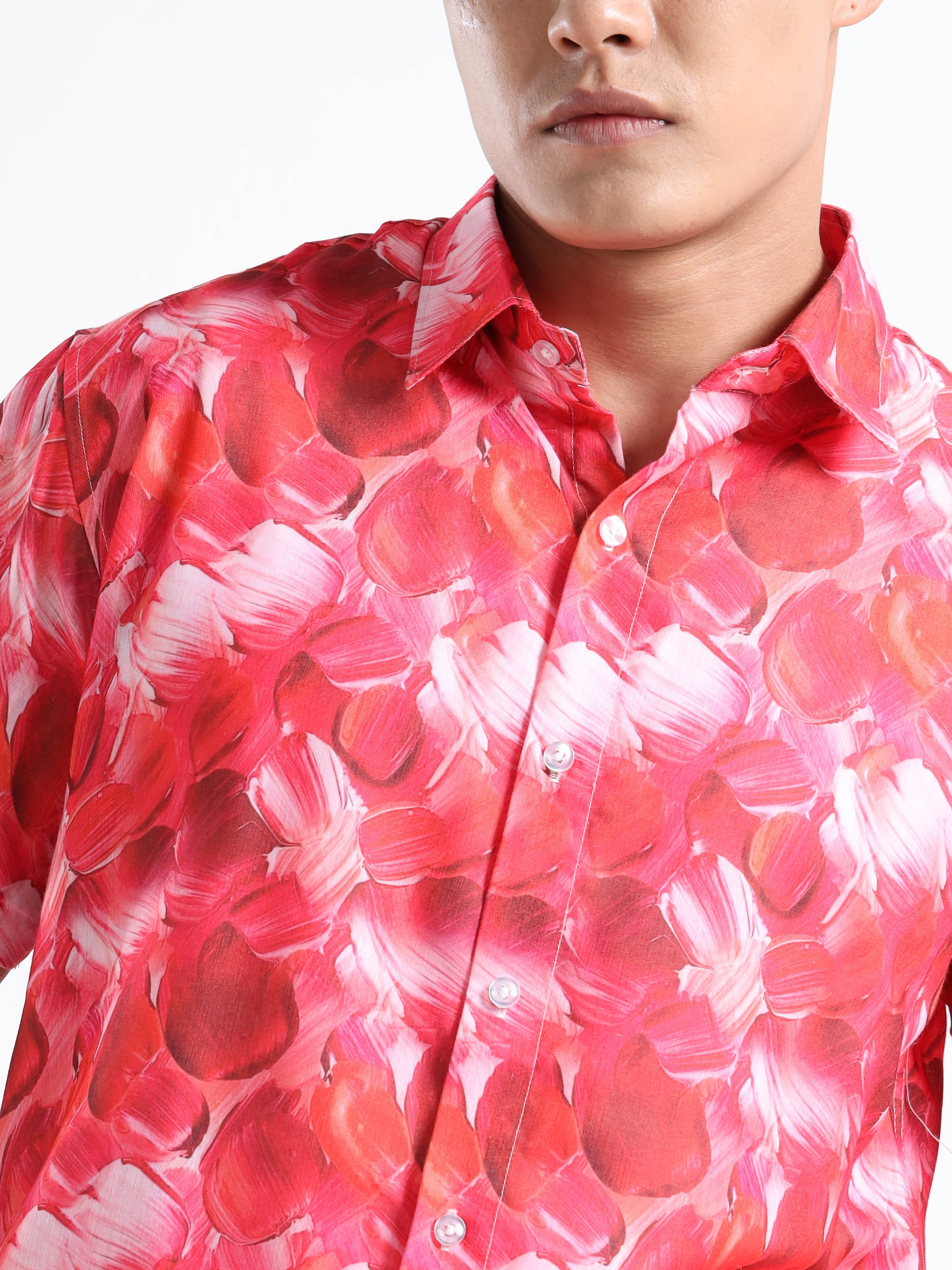 Men's Slim Fit Red Pink Abstract Brushstroke Printed Casual Shirt