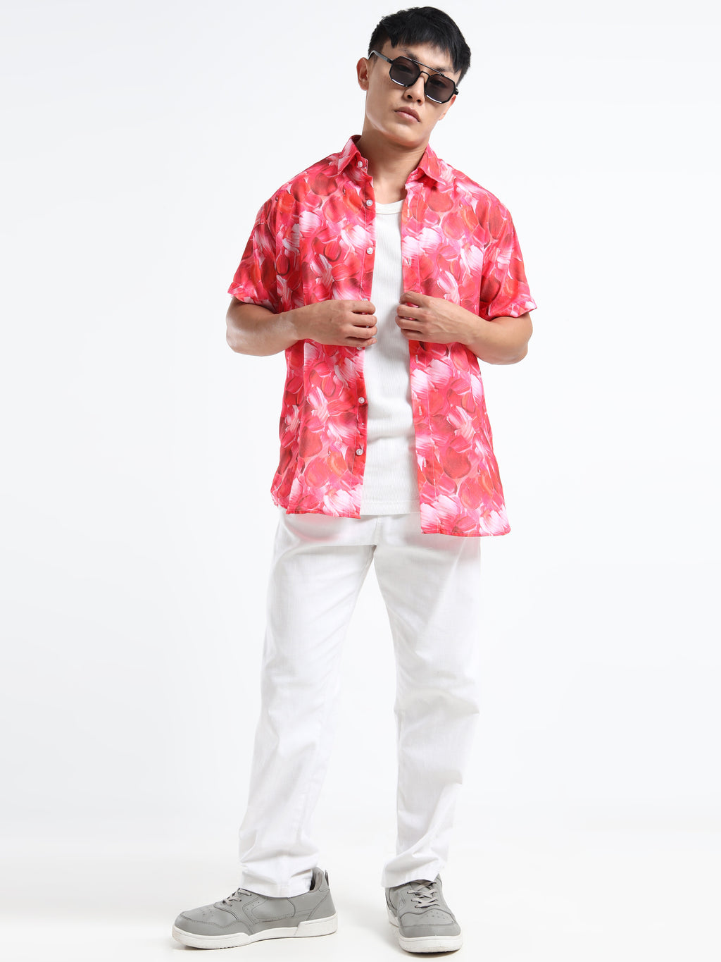 Men's Slim Fit Red Pink Abstract Brushstroke Printed Casual Shirt