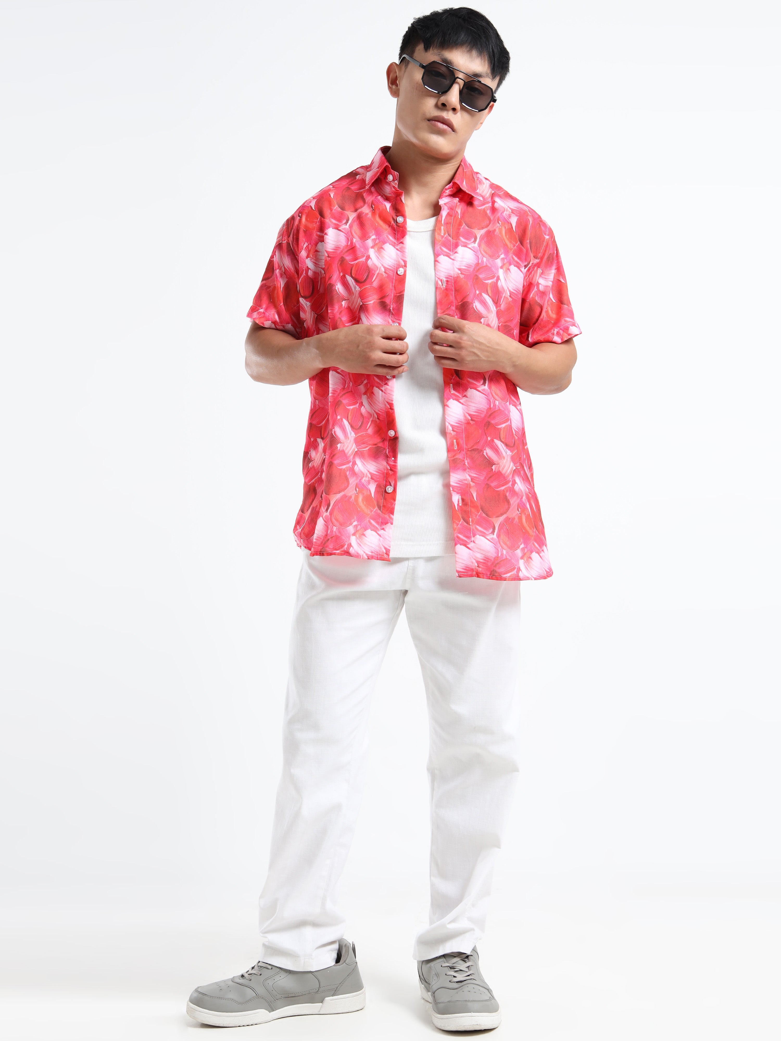 Men's Slim Fit Red Pink Abstract Brushstroke Printed Casual Shirt