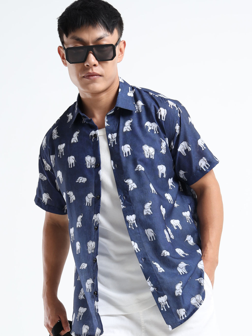 Men's Slim Fit Navy Blue Elephant Printed Casual Shirt