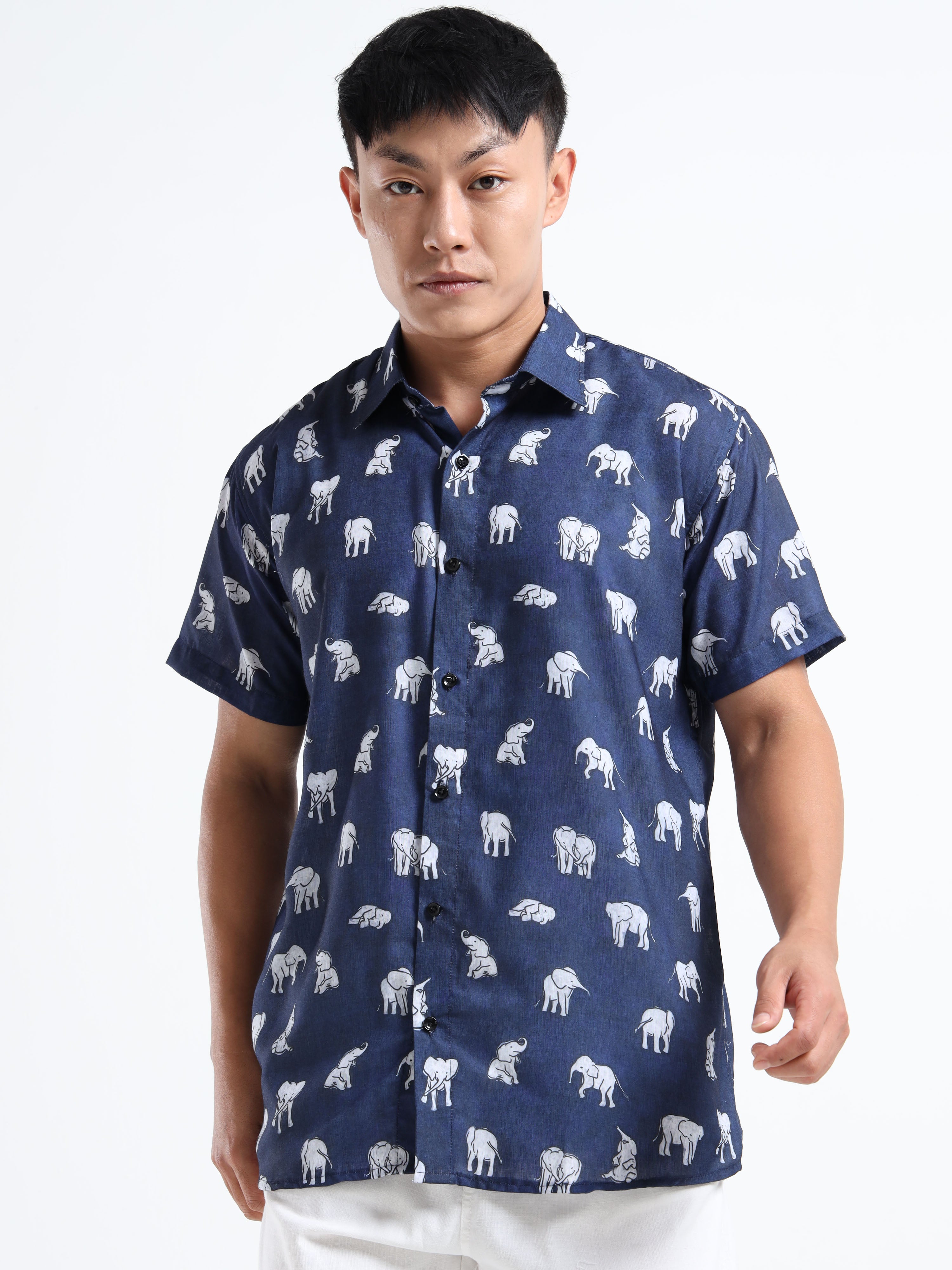 Men's Slim Fit Navy Blue Elephant Printed Casual Shirt