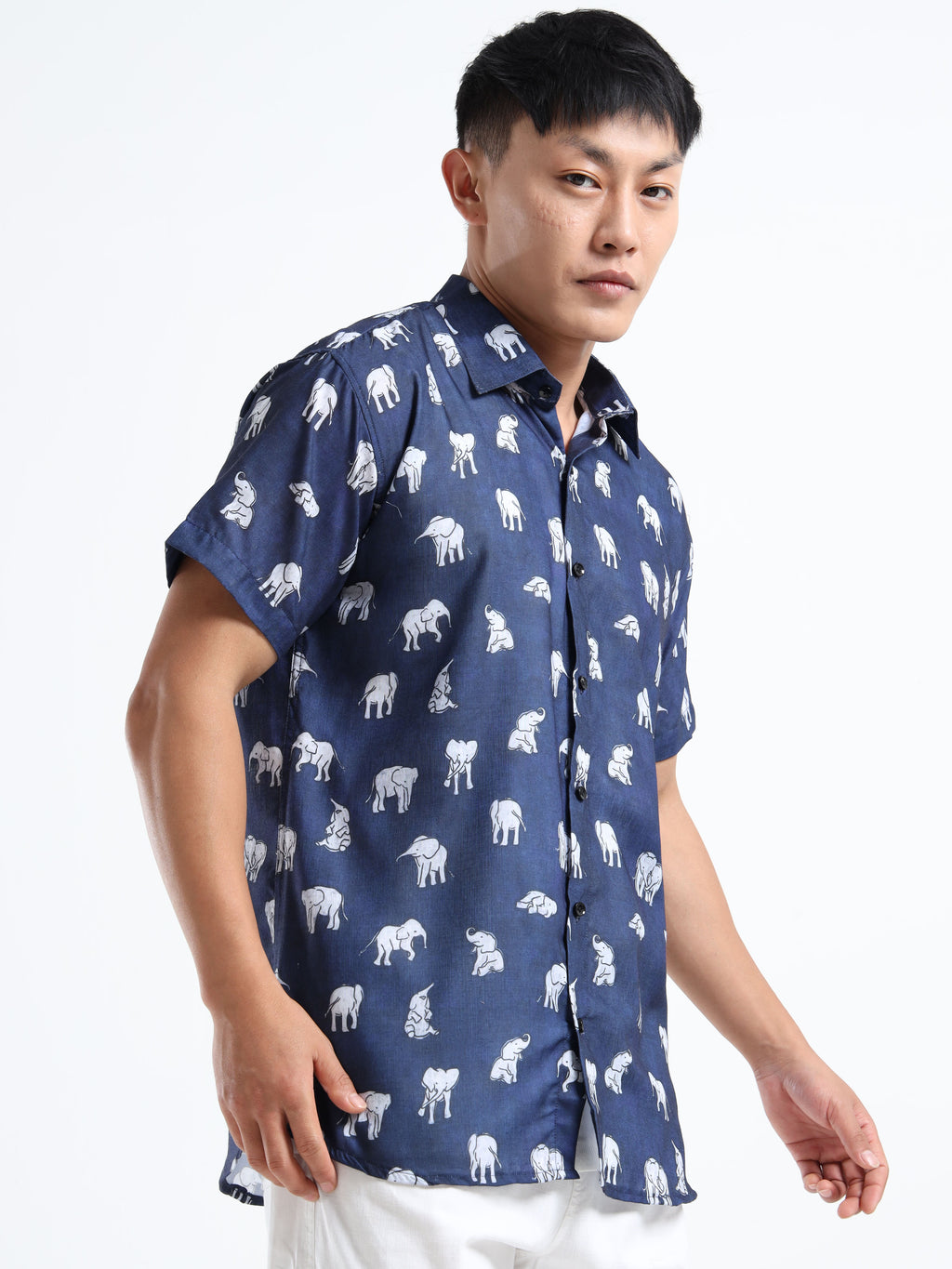 Men's Slim Fit Navy Blue Elephant Printed Casual Shirt