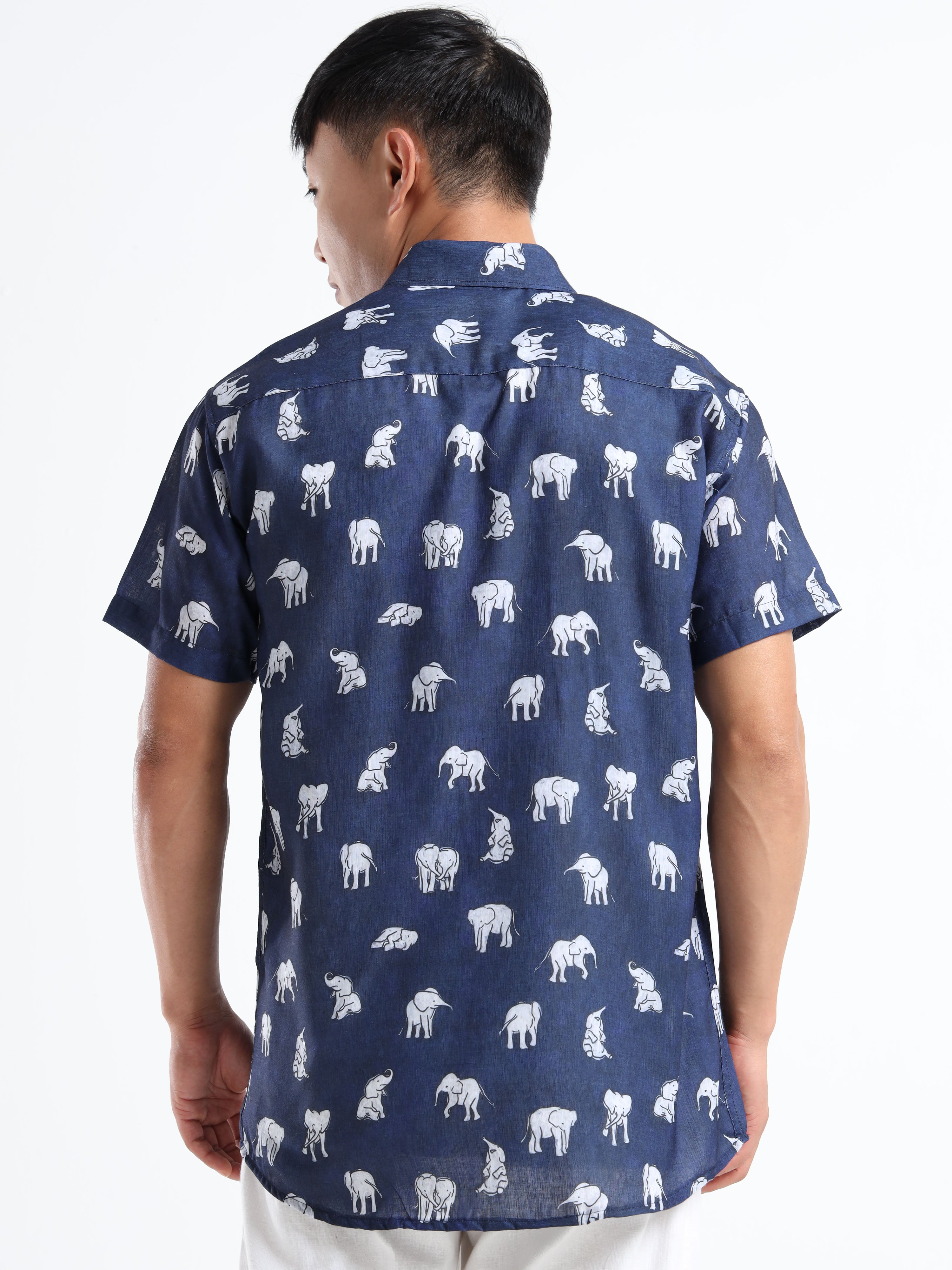 Men's Slim Fit Navy Blue Elephant Printed Casual Shirt