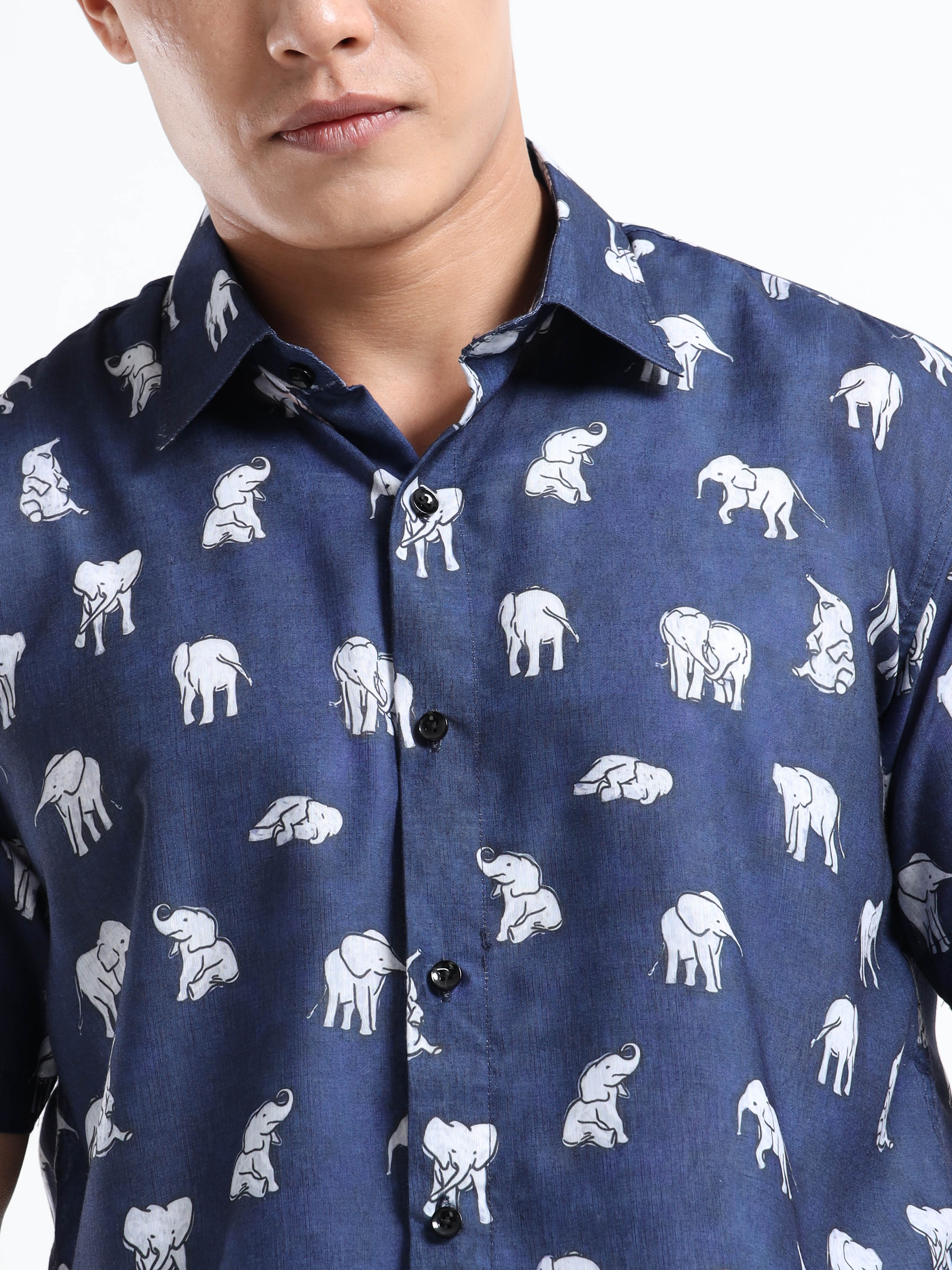 Men's Slim Fit Navy Blue Elephant Printed Casual Shirt