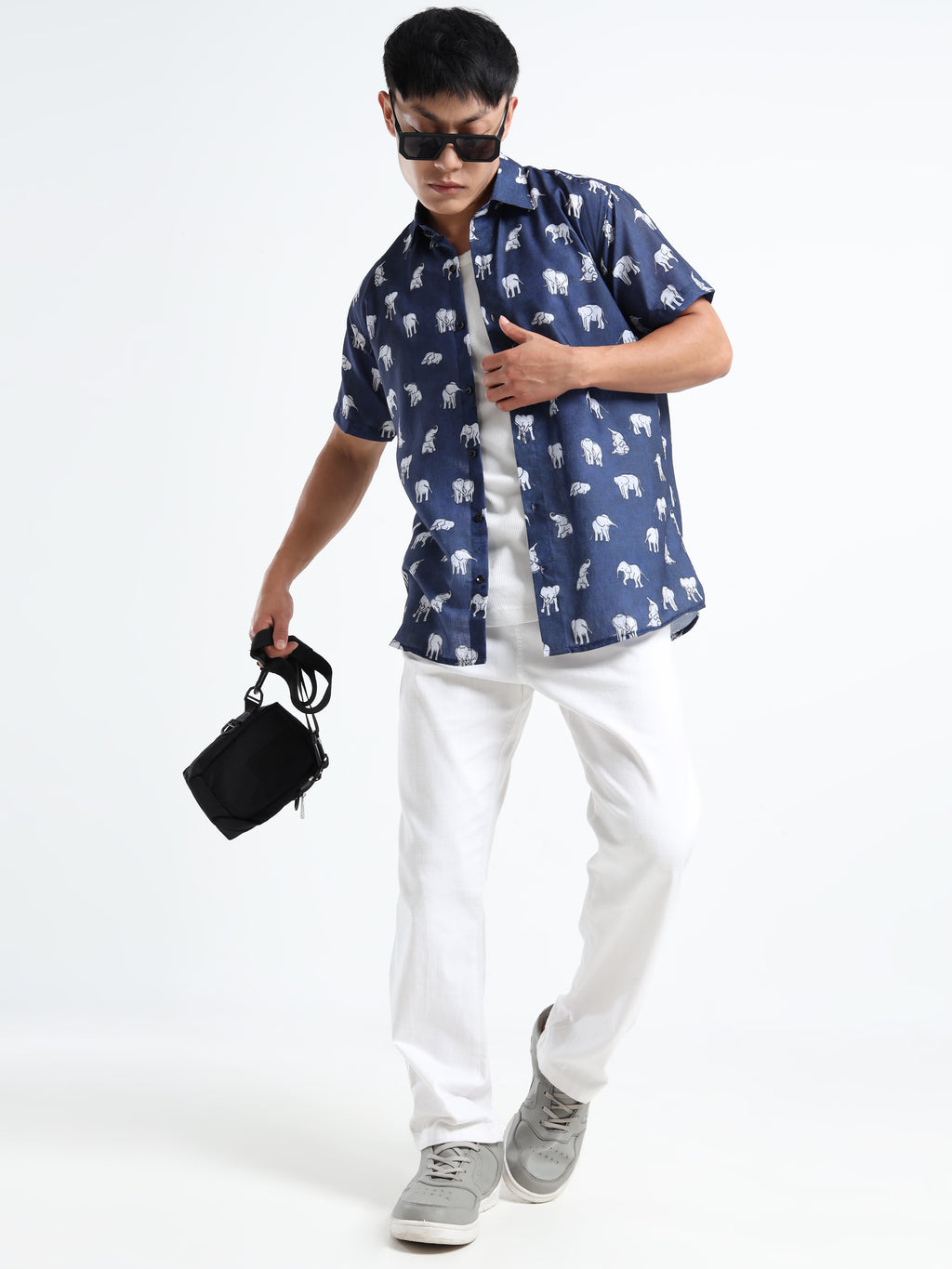 Men's Slim Fit Navy Blue Elephant Printed Casual Shirt