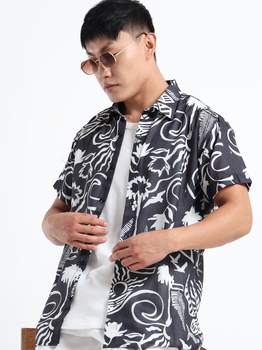 Men's Black Viscose Rayon Abstract Printed Casual Shirt