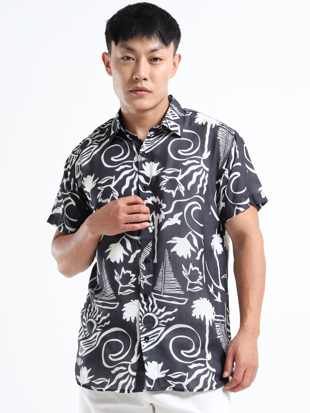 Men's Black Viscose Rayon Abstract Printed Casual Shirt
