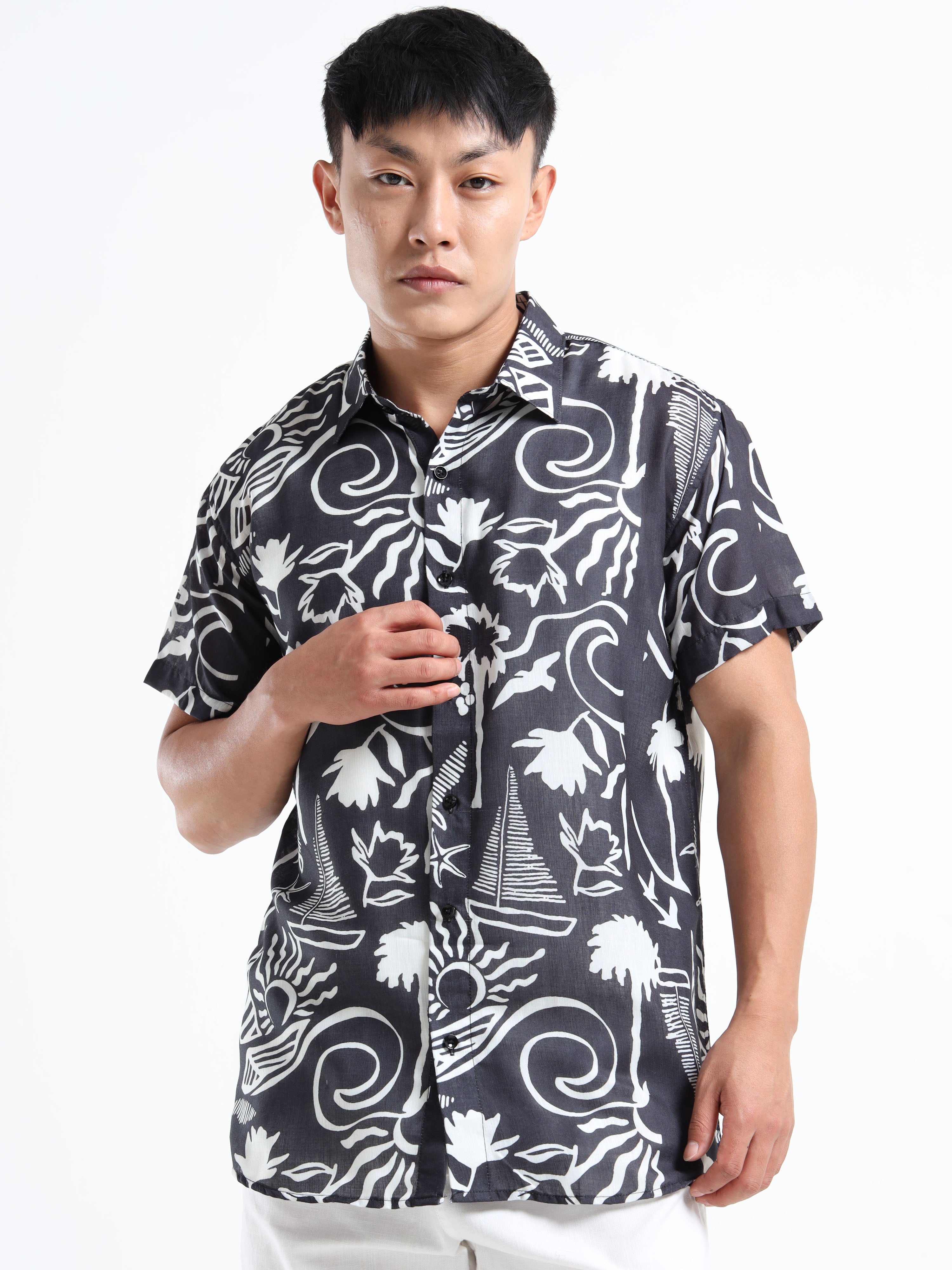 Men's Black Viscose Rayon Abstract Printed Casual Shirt