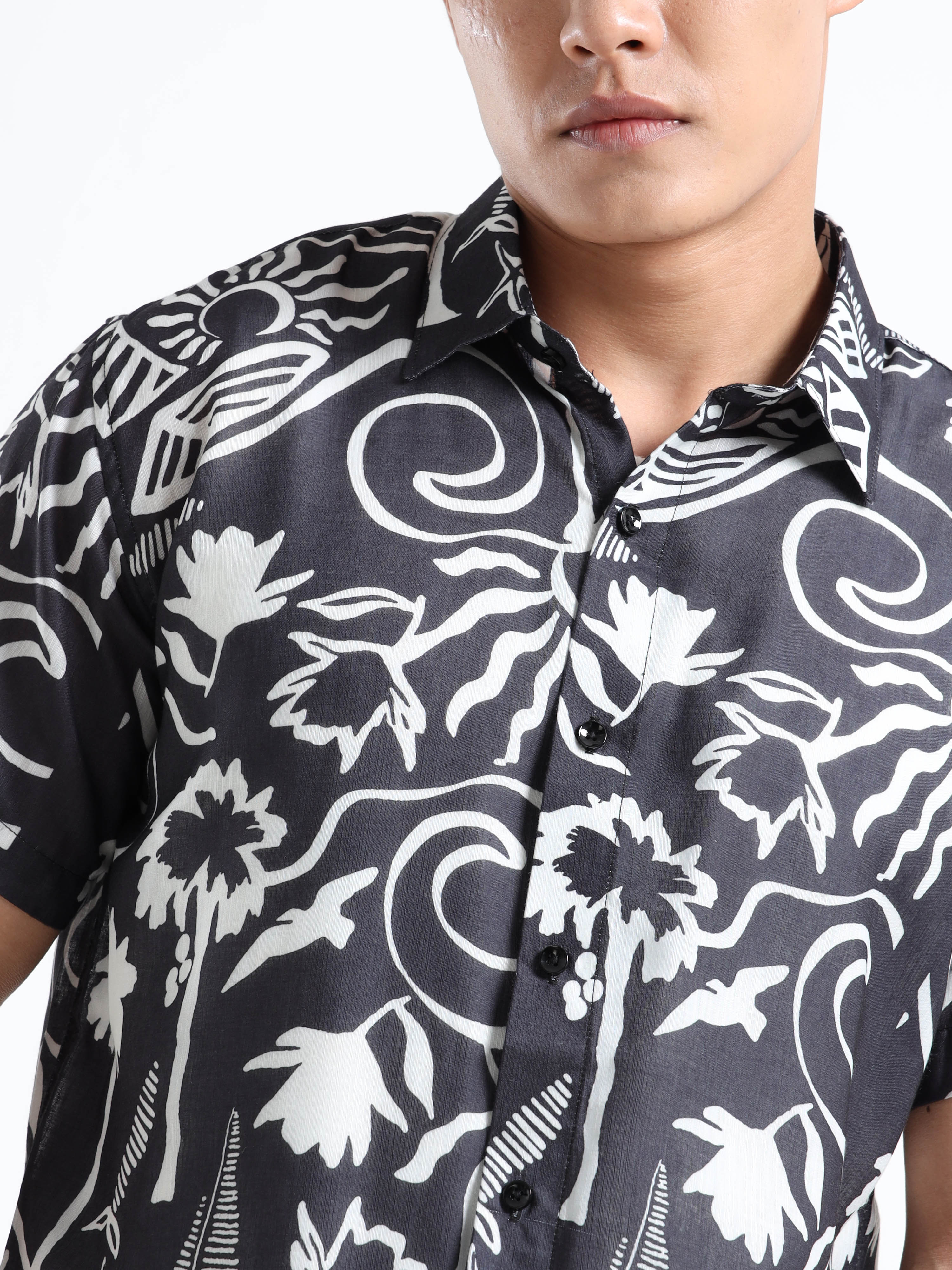 Men's Black Viscose Rayon Abstract Printed Casual Shirt