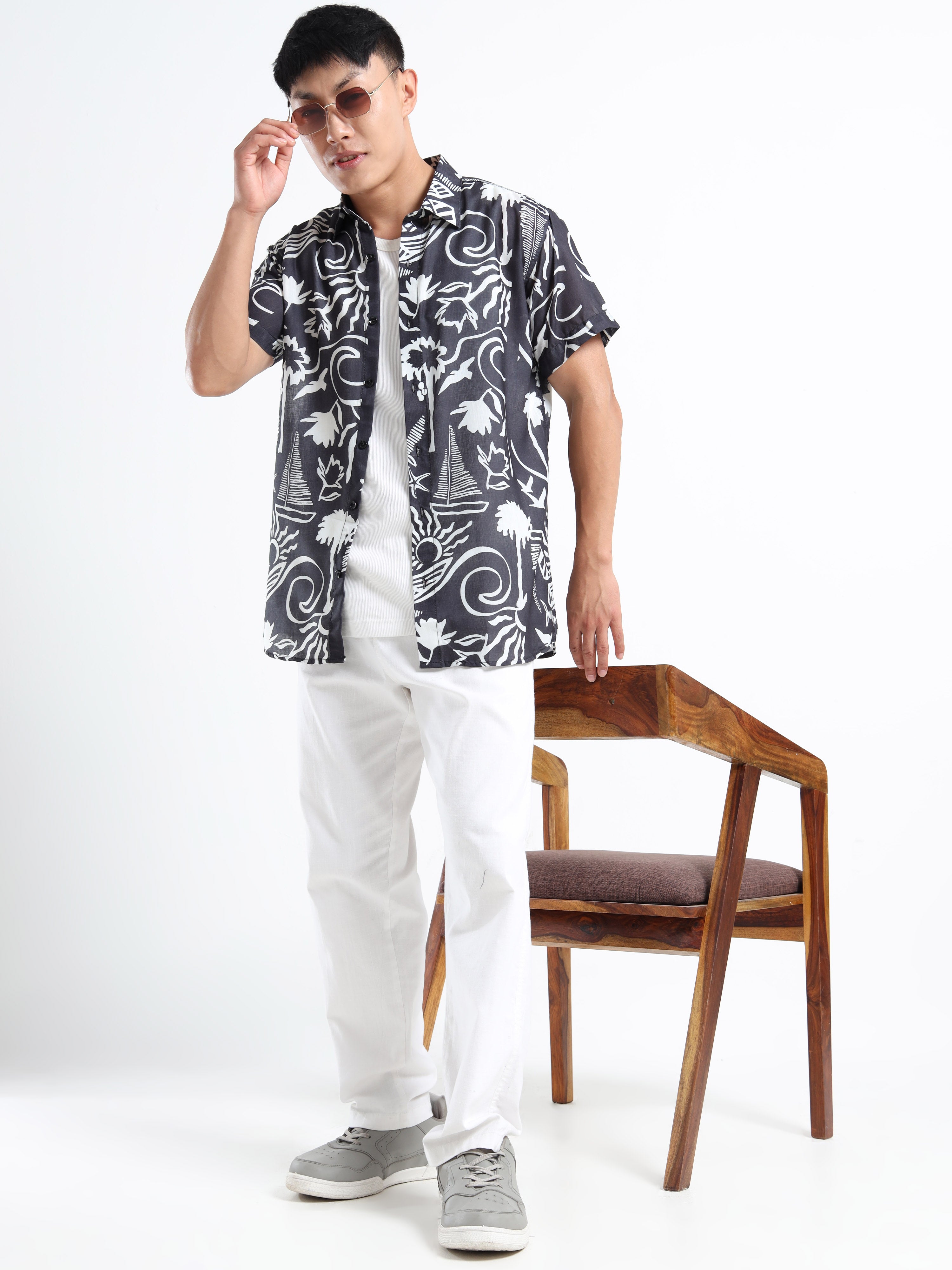 Men's Black Viscose Rayon Abstract Printed Casual Shirt