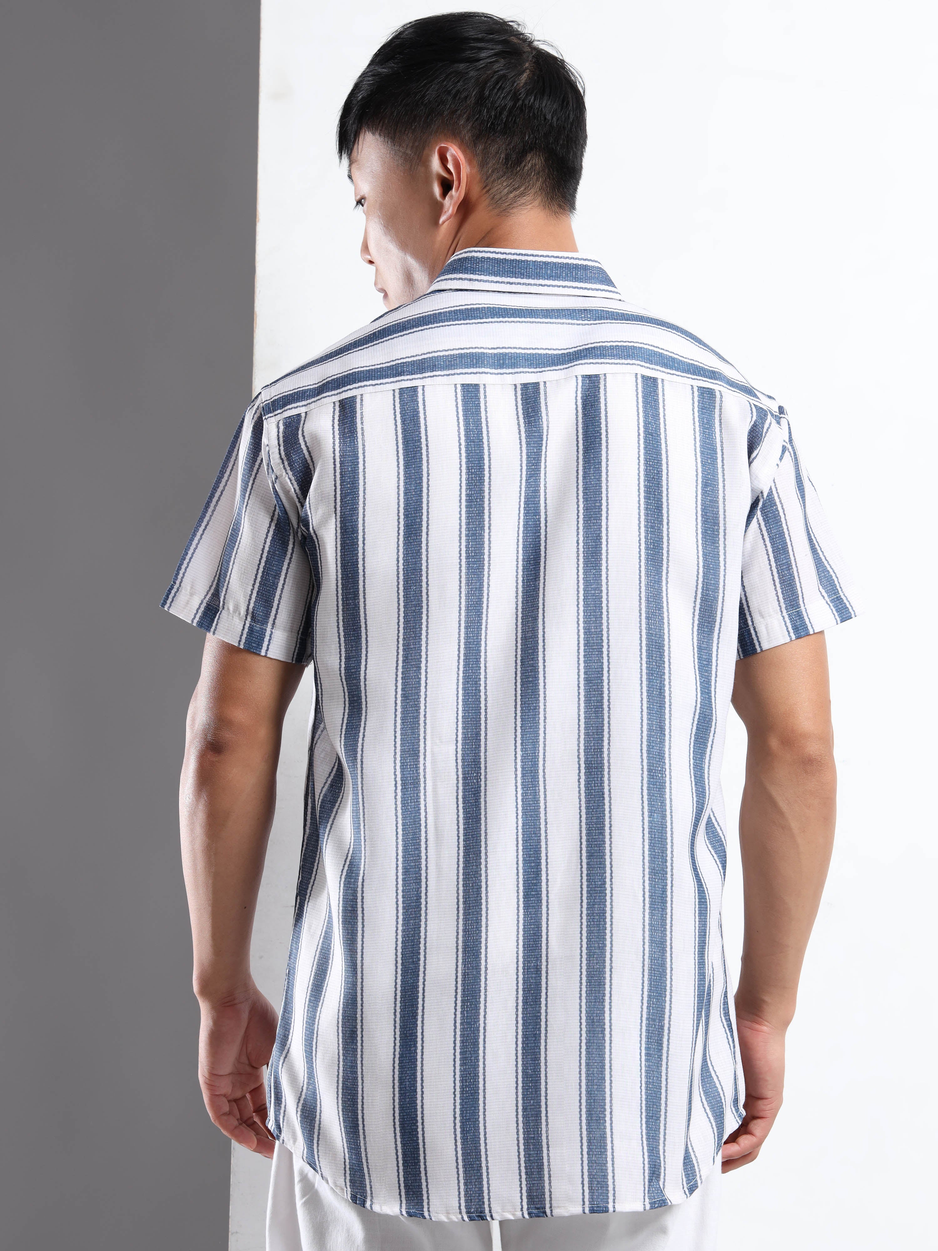 Men's White and Blue Textured Vertical Stripe Short Sleeve Shirt
