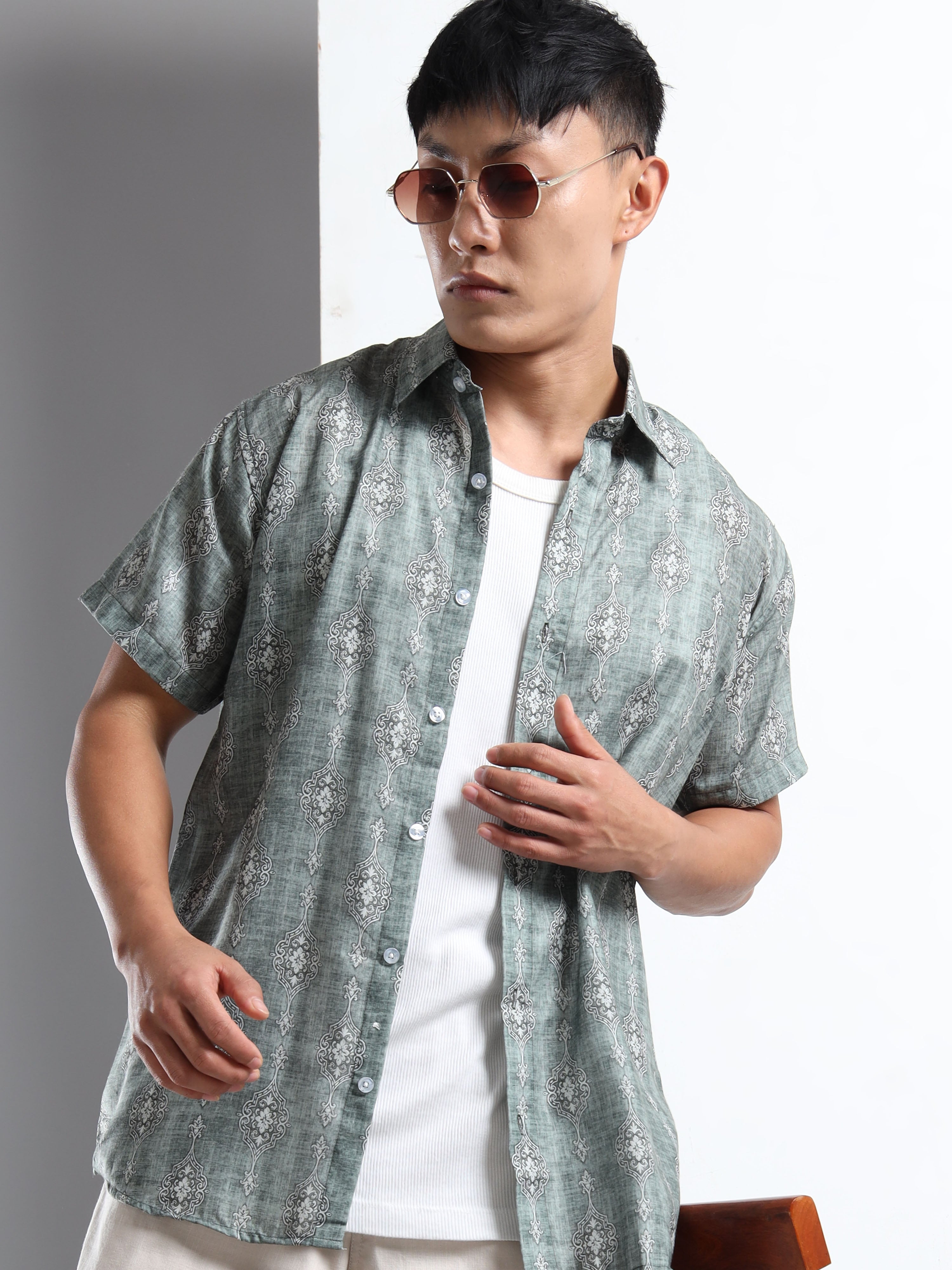 Men's Slim Fit Muted Green Damask Motif Printed Casual Shirt