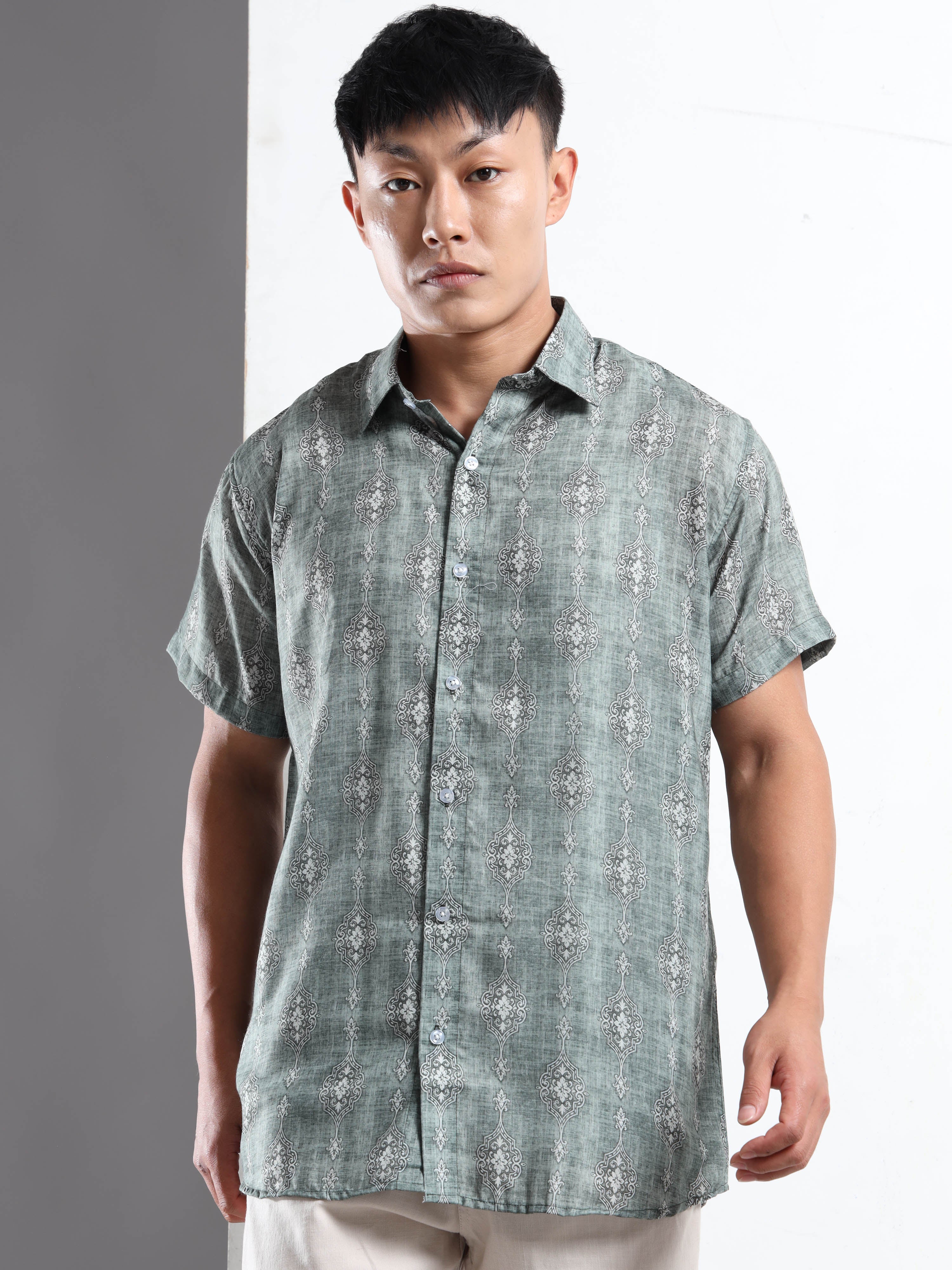 Men's Slim Fit Muted Green Damask Motif Printed Casual Shirt