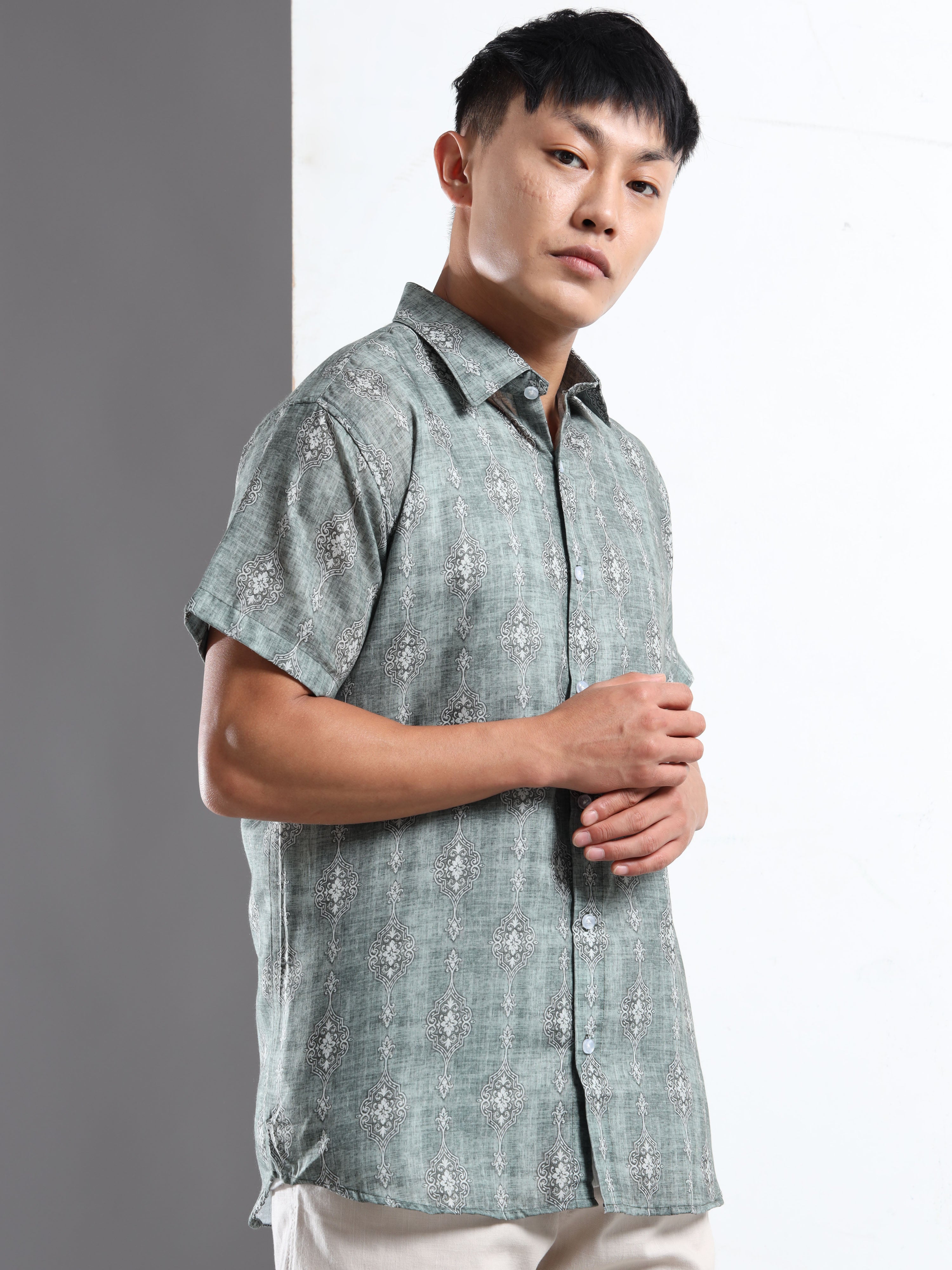 Men's Slim Fit Muted Green Damask Motif Printed Casual Shirt