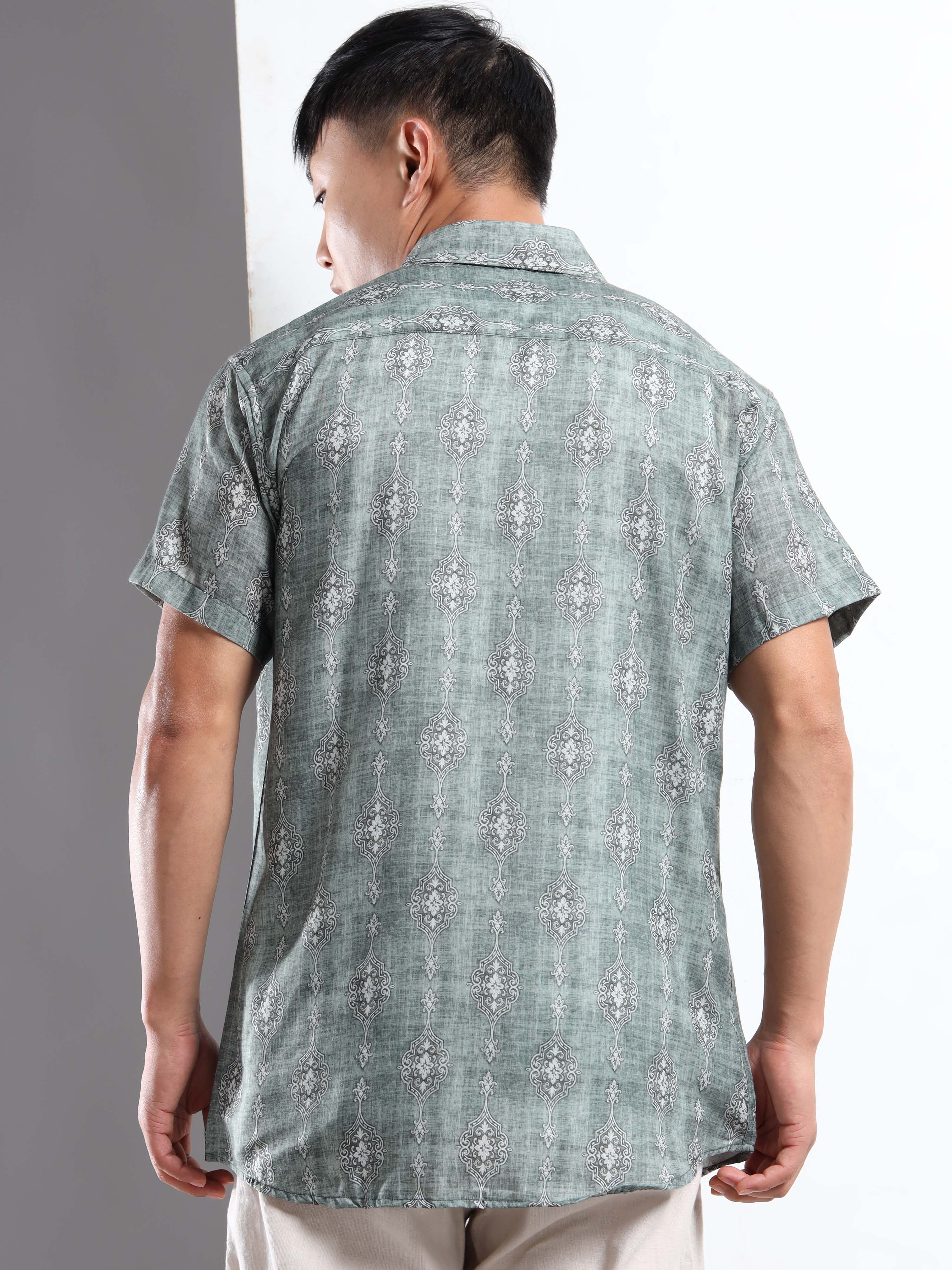 Men's Slim Fit Muted Green Damask Motif Printed Casual Shirt