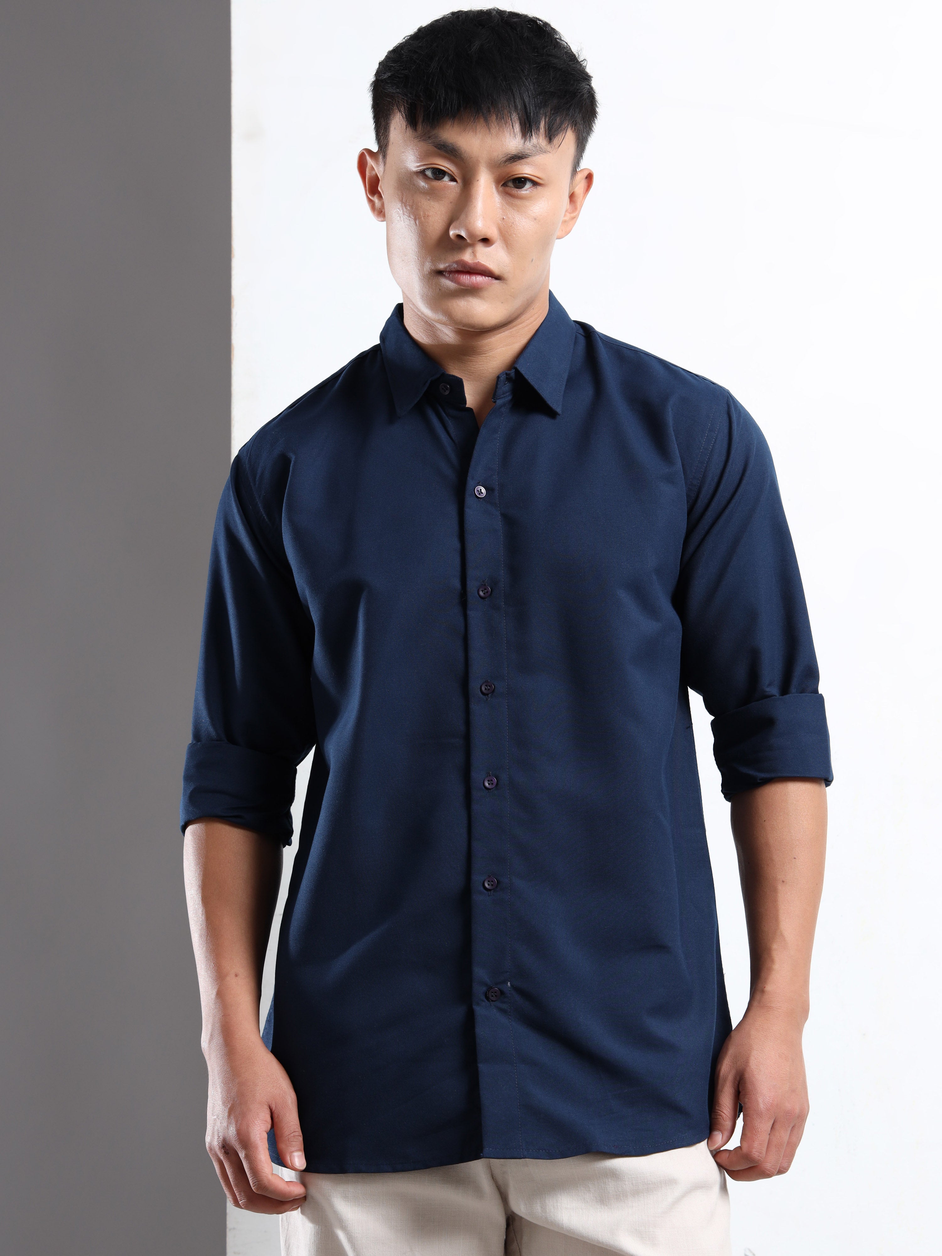 Navy Blue Men Slim Fit Casual Solid Shirt