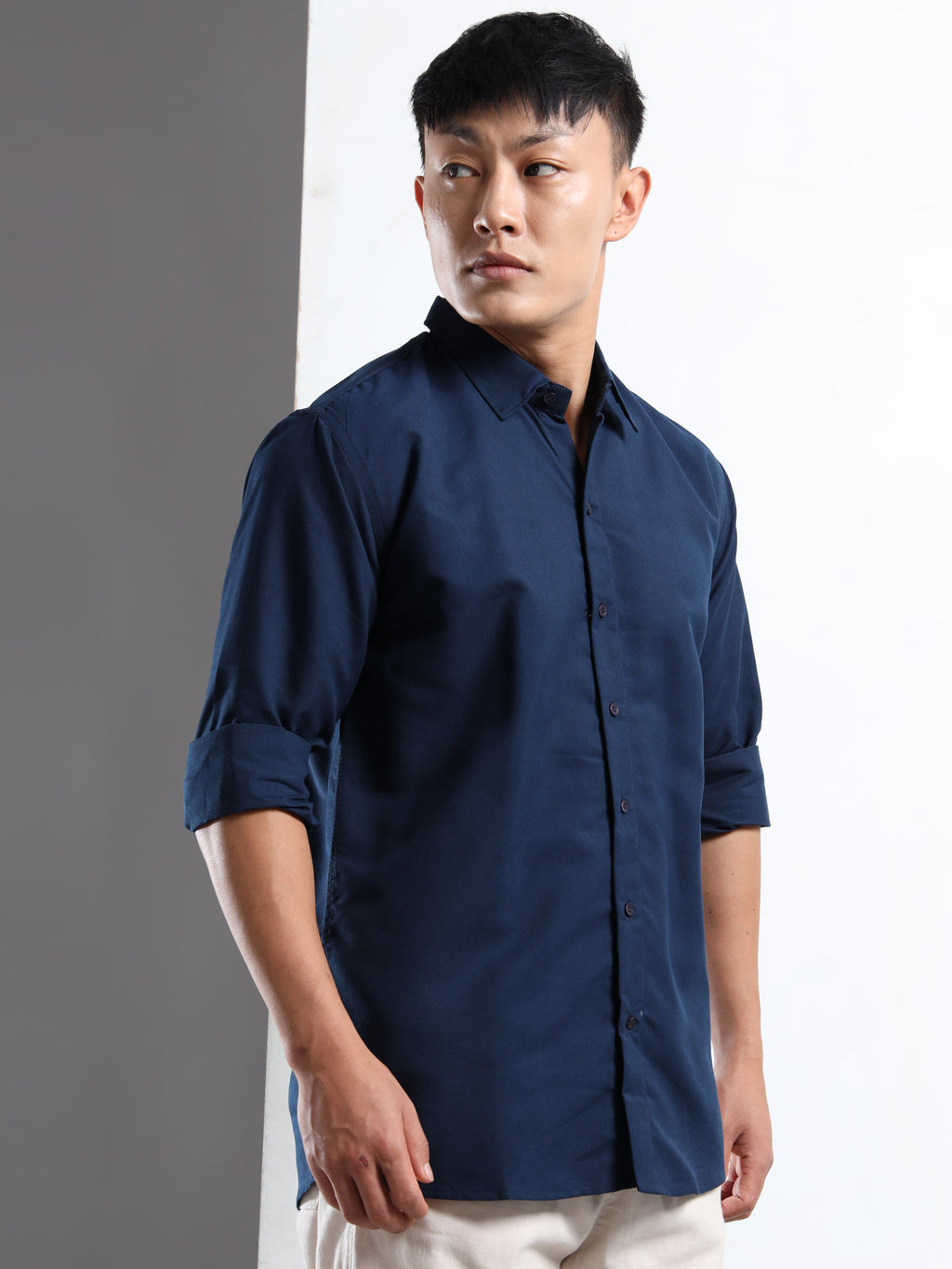 Navy Blue Men Slim Fit Casual Solid Shirt