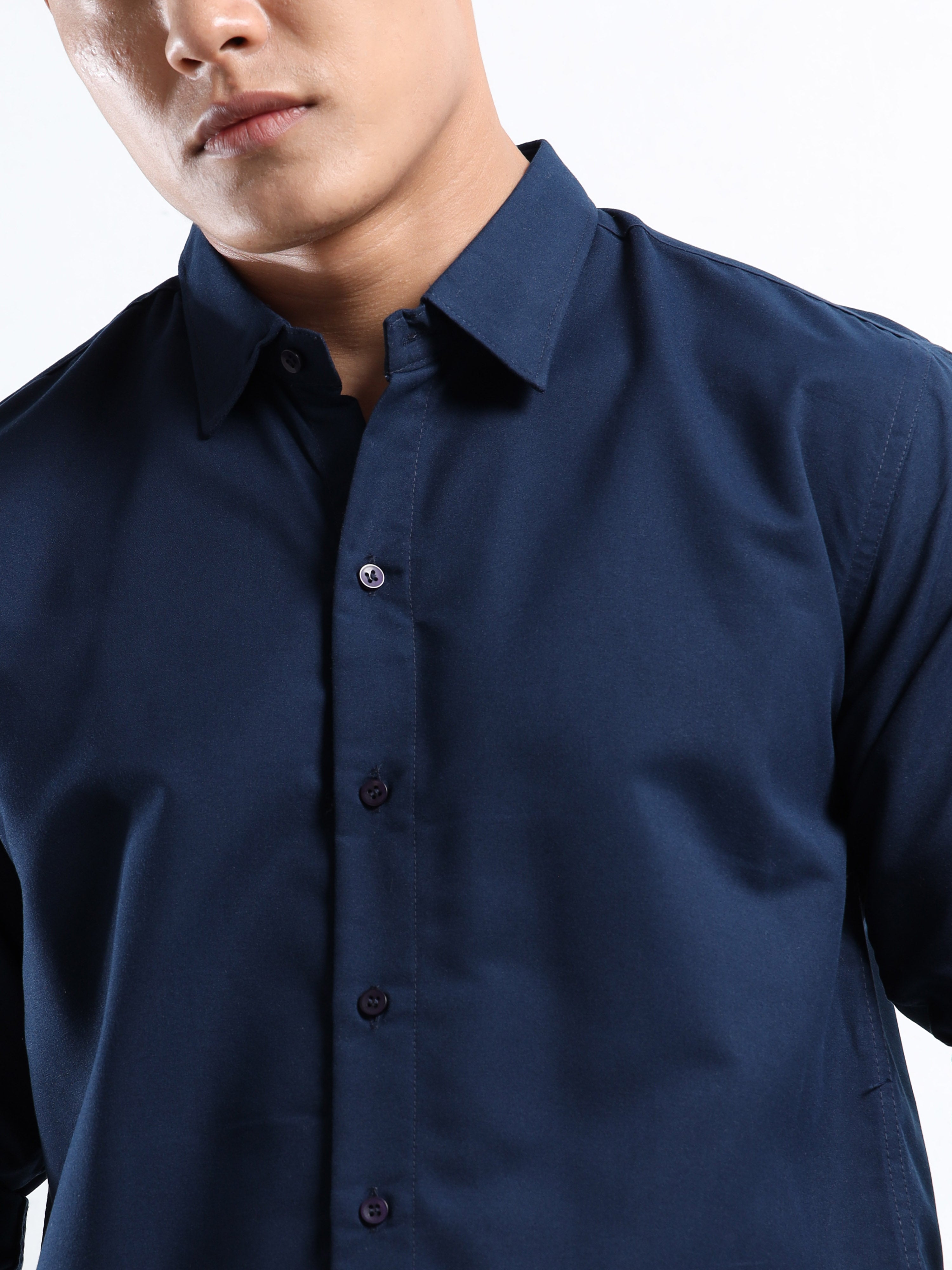 Navy Blue Men Slim Fit Casual Solid Shirt