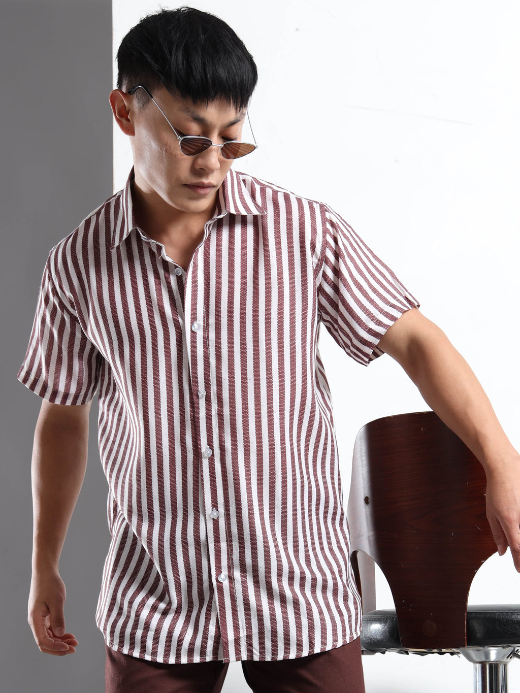 Men's White and Maroon Stripe Short Sleeve Shirt