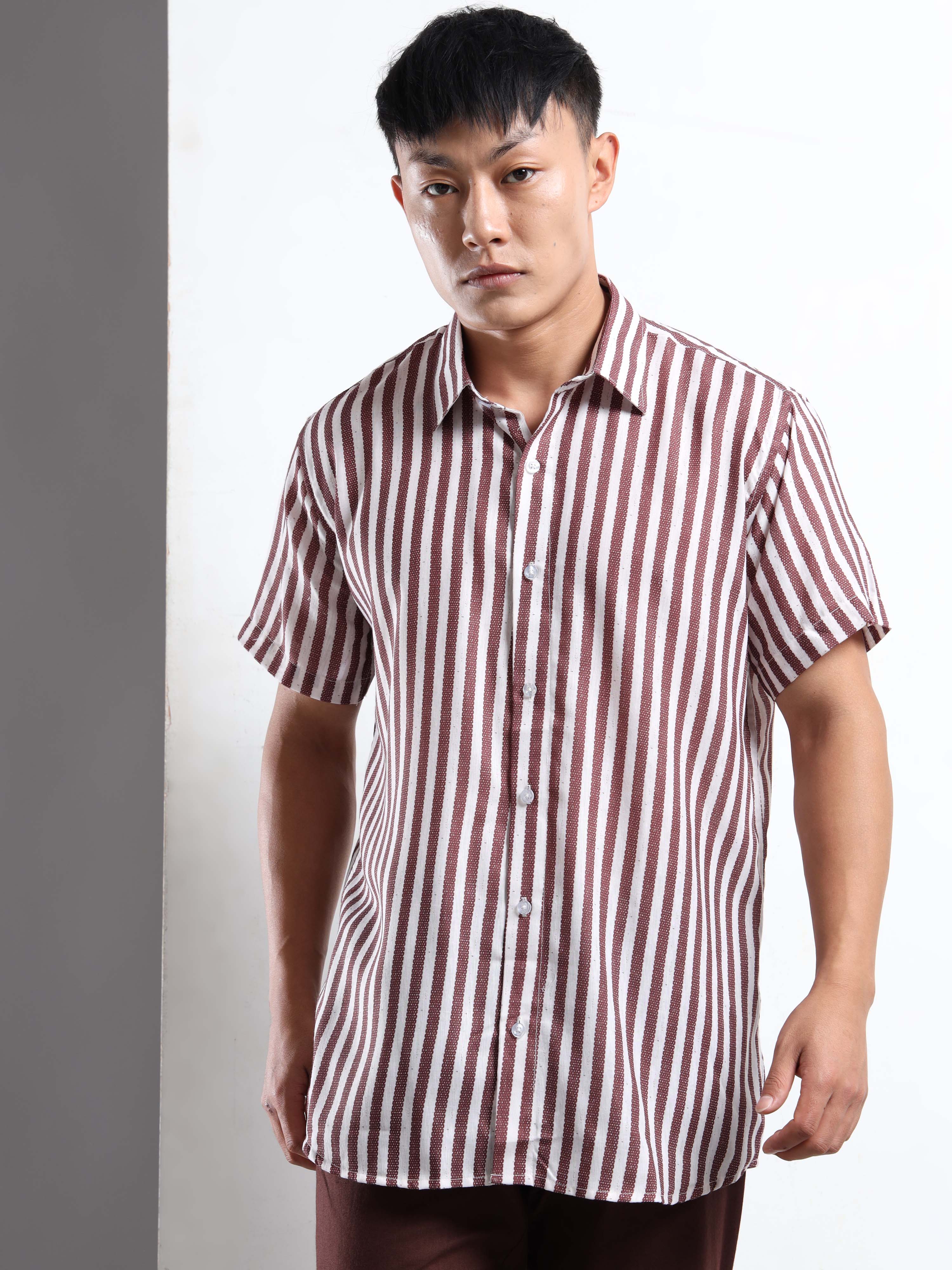 Men's White and Maroon Stripe Short Sleeve Shirt