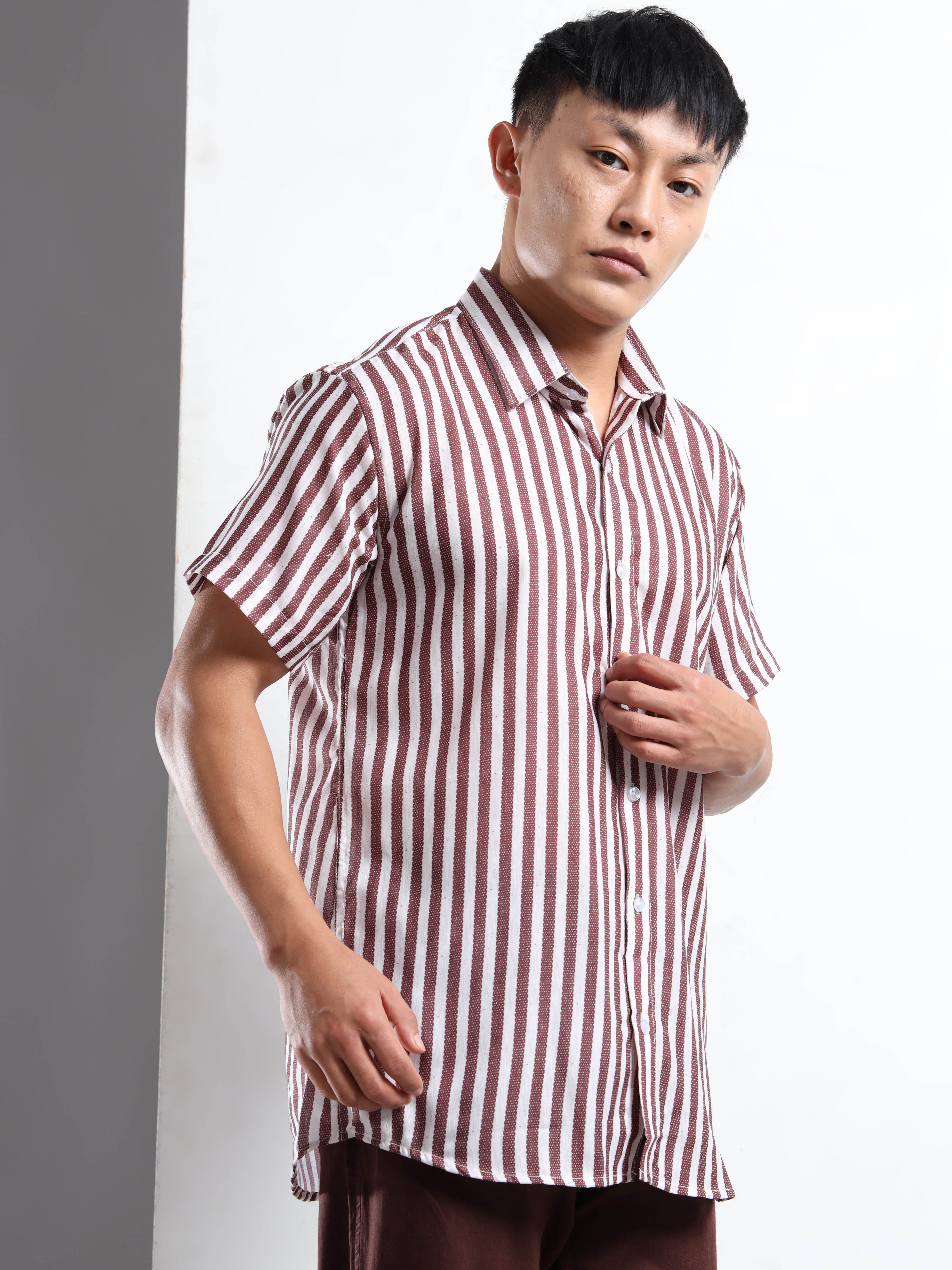 Men's White and Maroon Stripe Short Sleeve Shirt