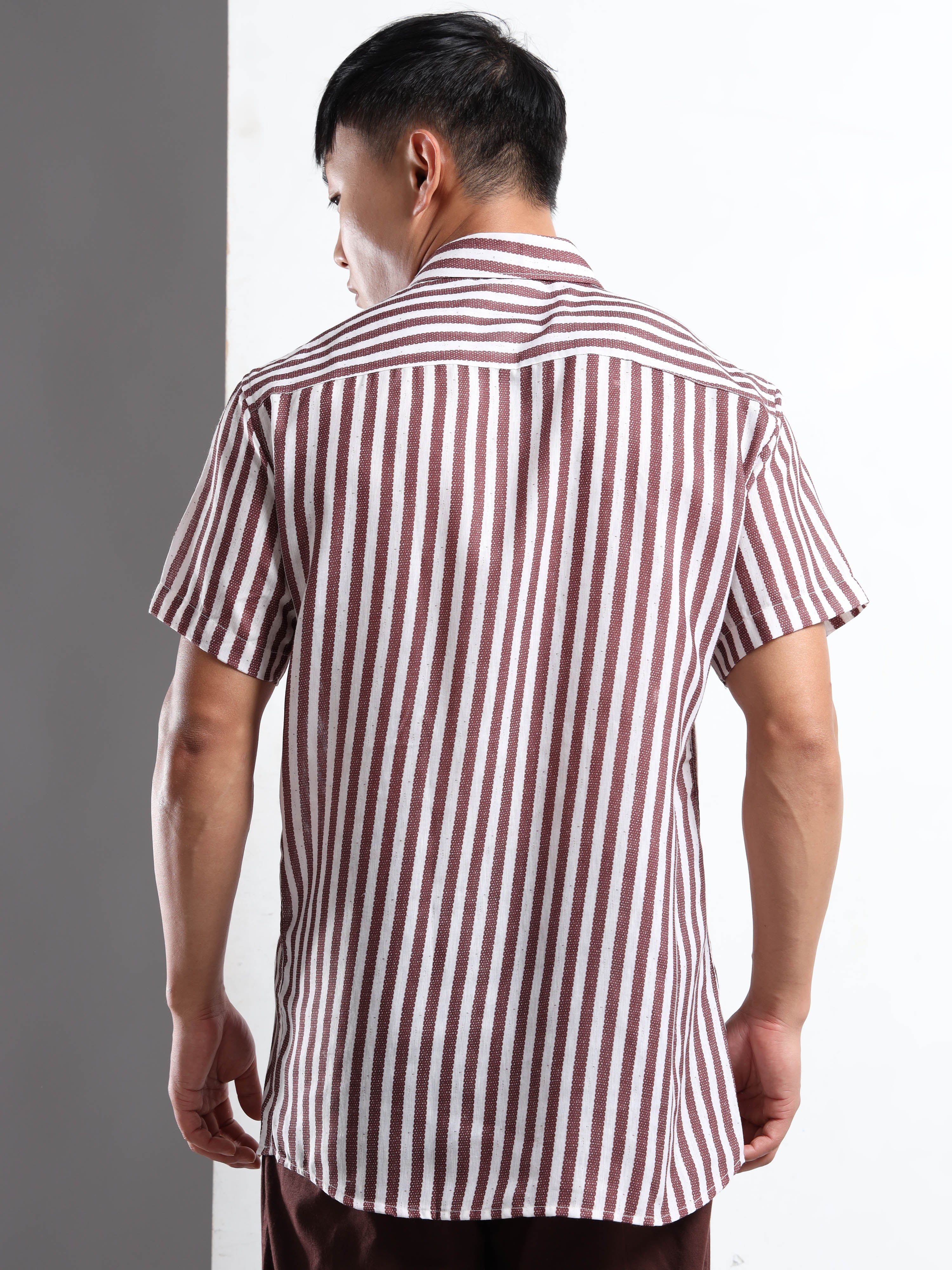 Men's White and Maroon Stripe Short Sleeve Shirt