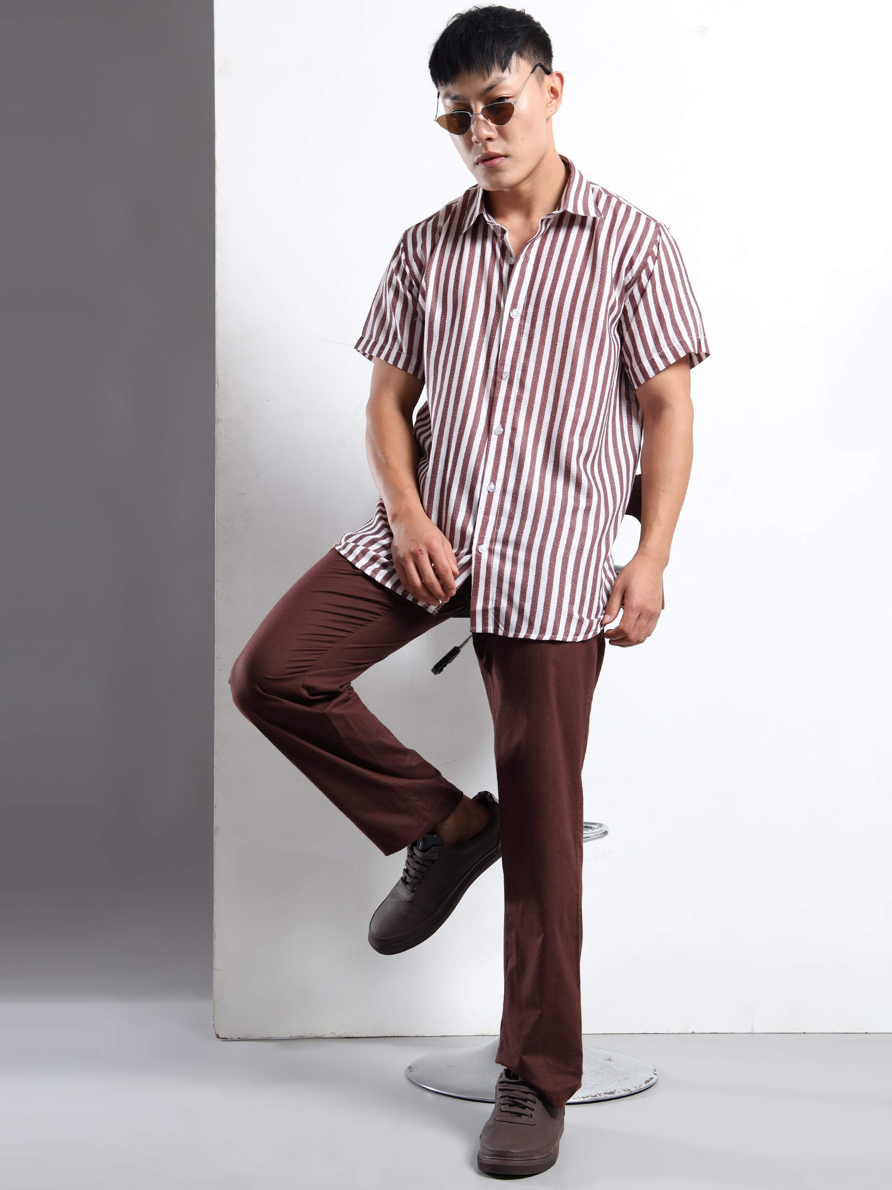 Men's White and Maroon Stripe Short Sleeve Shirt