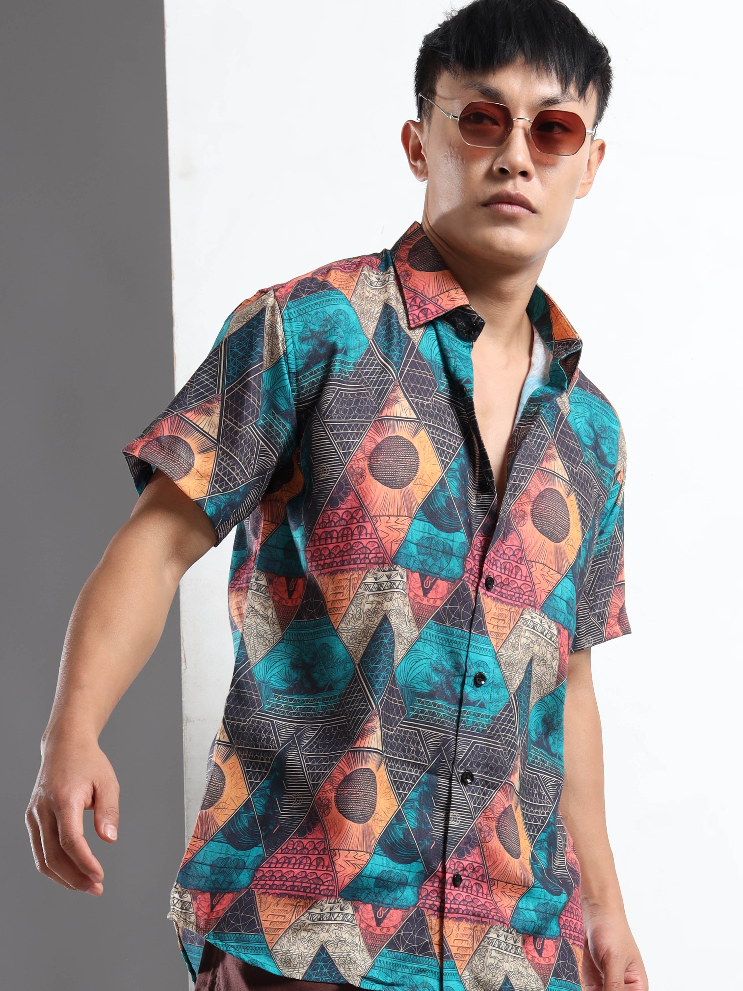 Men's Slim Fit Multi-Colour Geometric Printed Casual Shirt