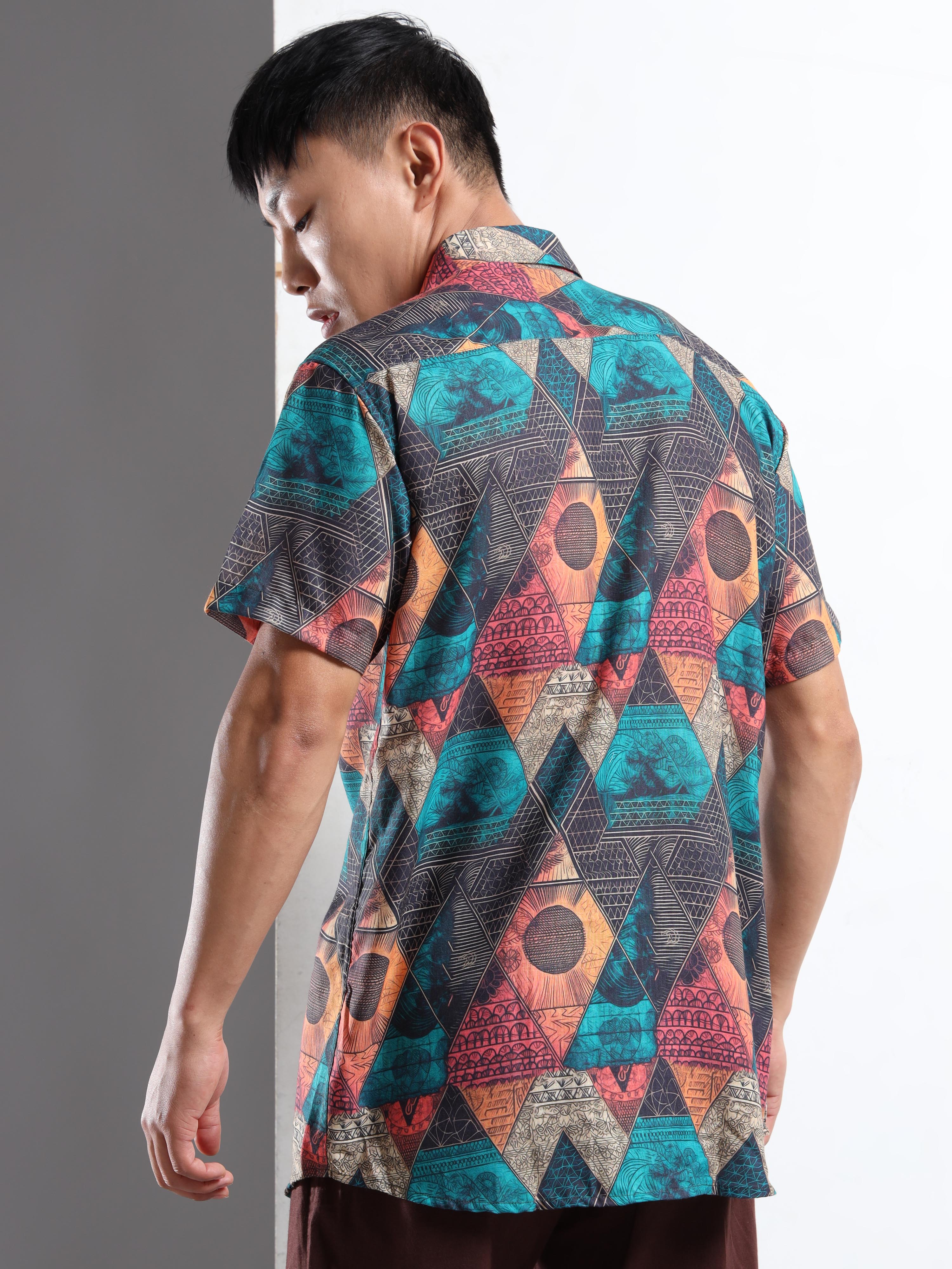 Men's Slim Fit Multi-Colour Geometric Printed Casual Shirt