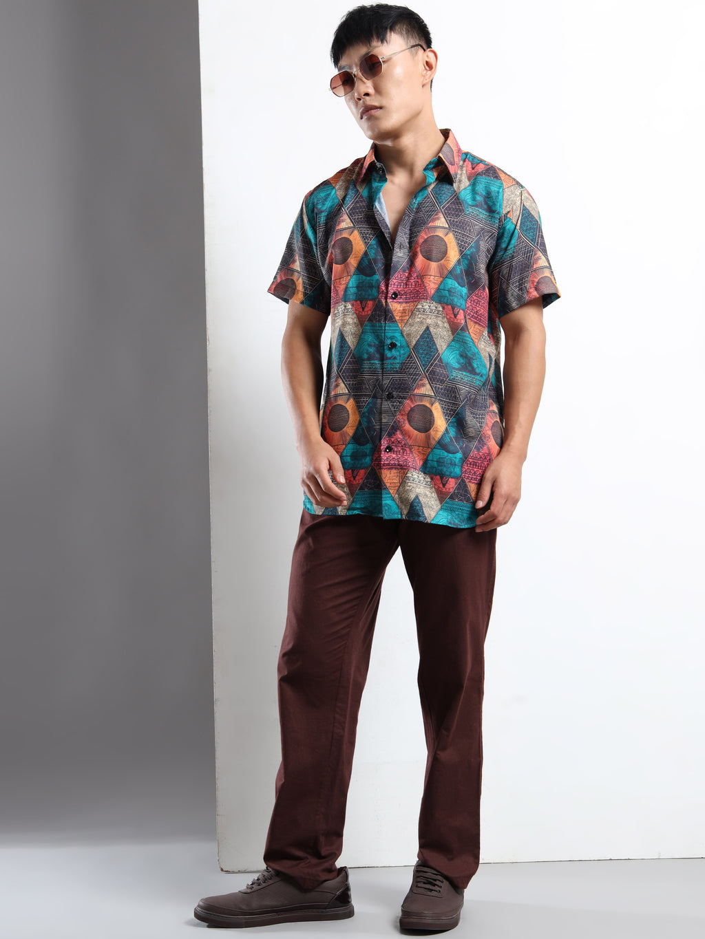 Men's Slim Fit Multi-Colour Geometric Printed Casual Shirt