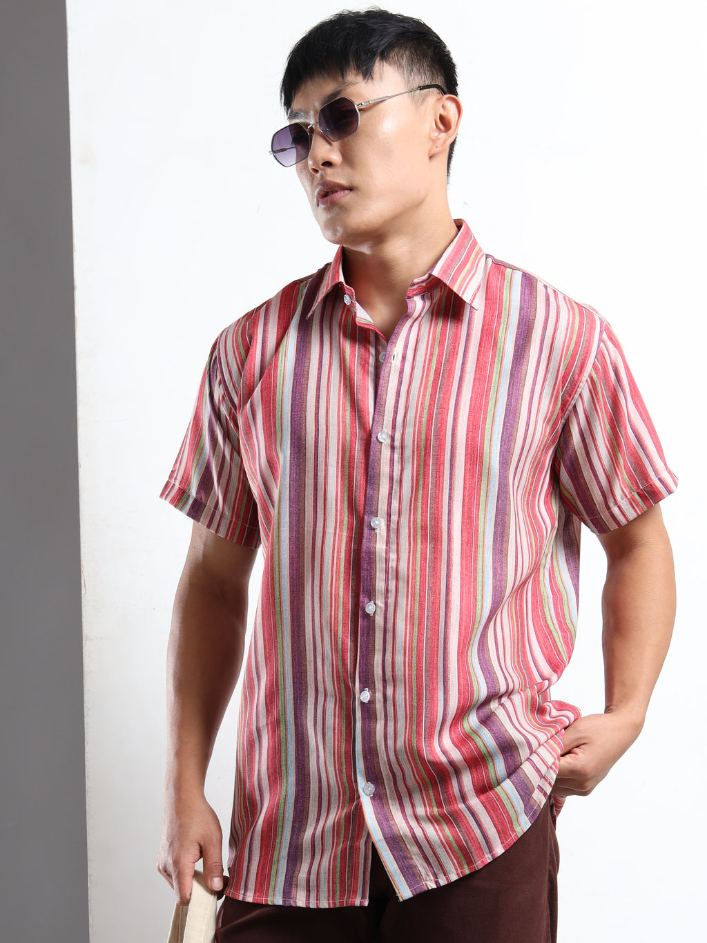 Men's Multi-Color Vertical Stripe Short Sleeve Shirt