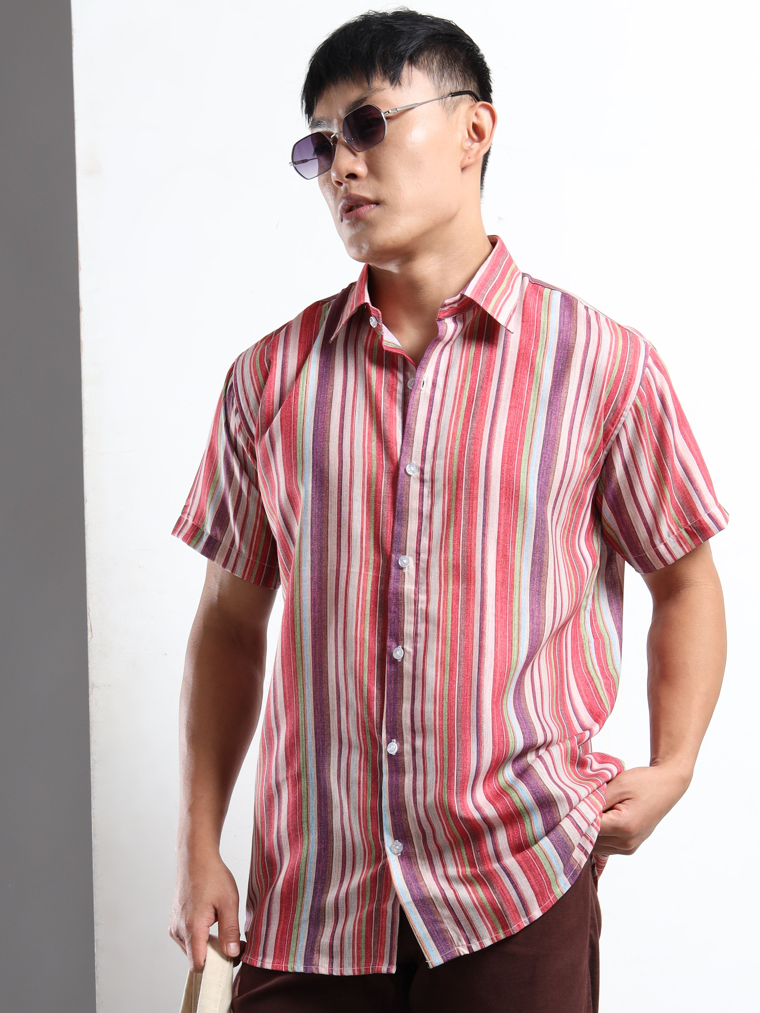 Men's Multi-Color Vertical Stripe Short Sleeve Shirt