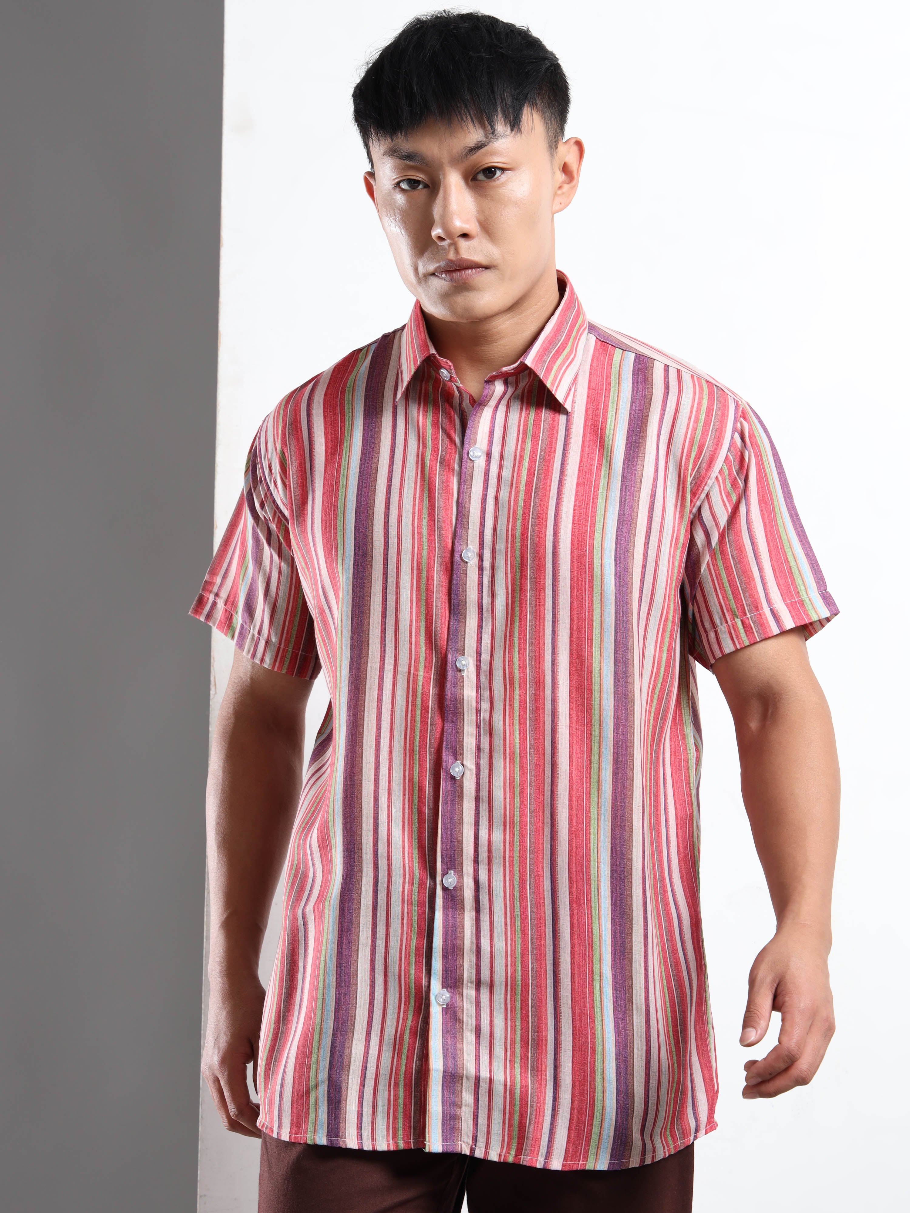 Men's Multi-Color Vertical Stripe Short Sleeve Shirt
