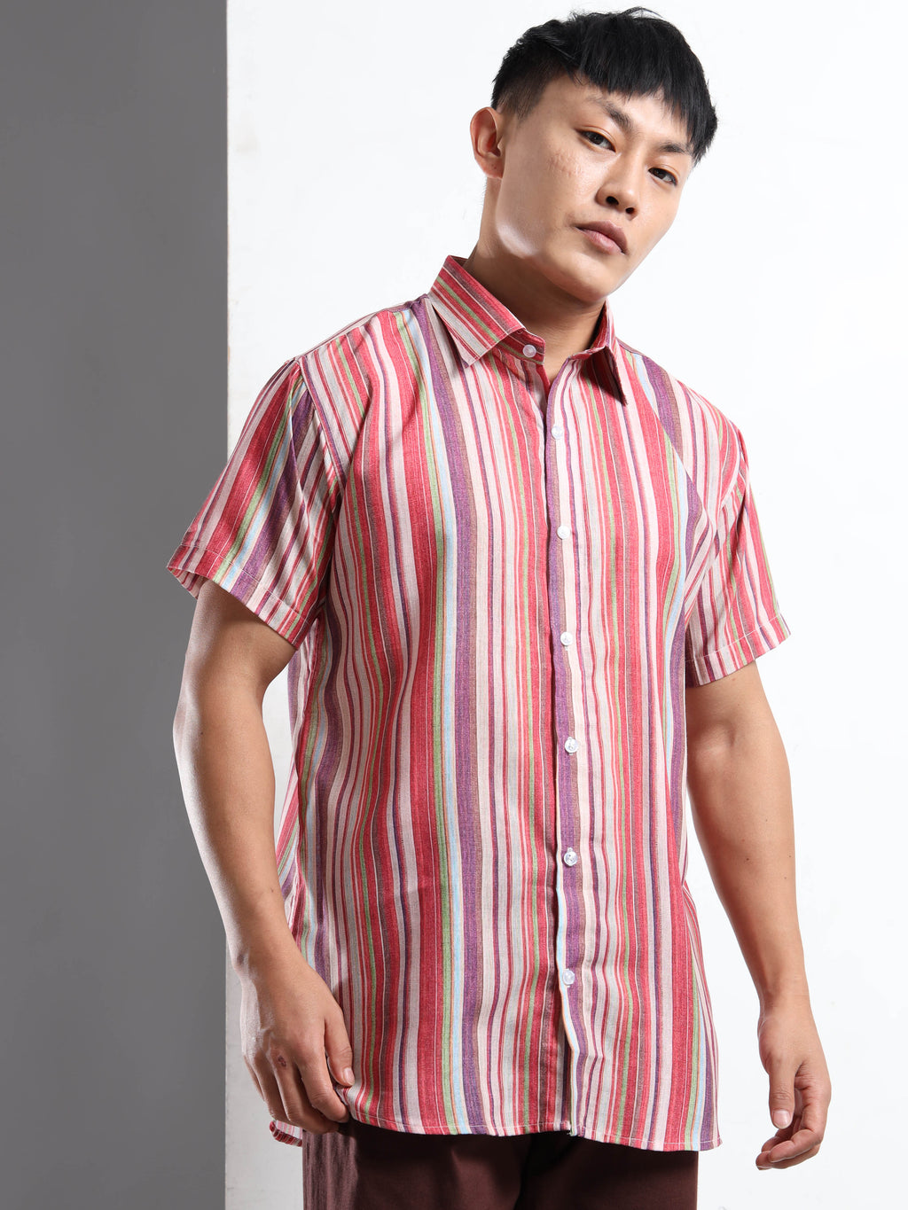 Men's Multi-Color Vertical Stripe Short Sleeve Shirt