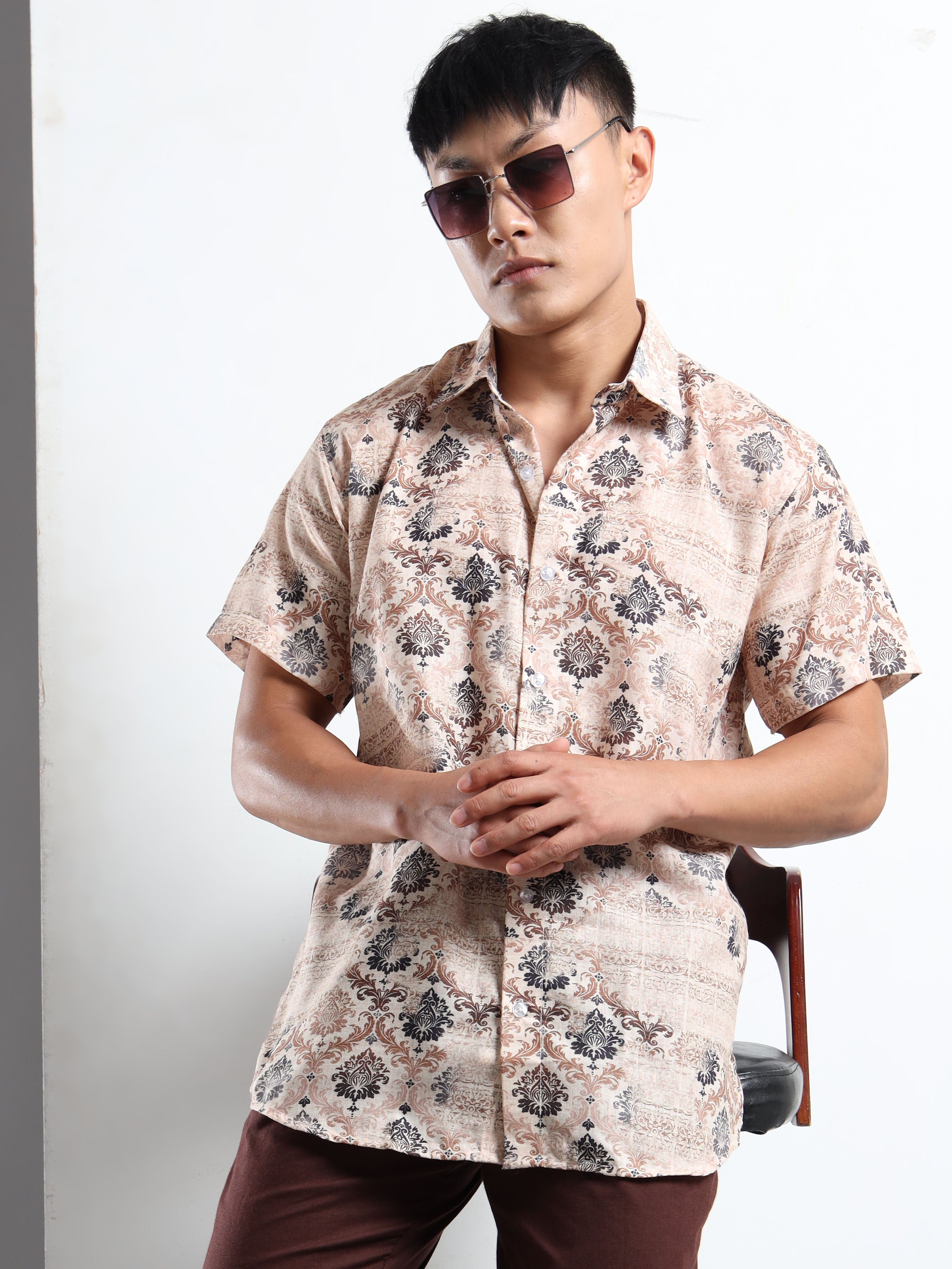 Men's Cream and Brown Damask Print Short Sleeve Shirt