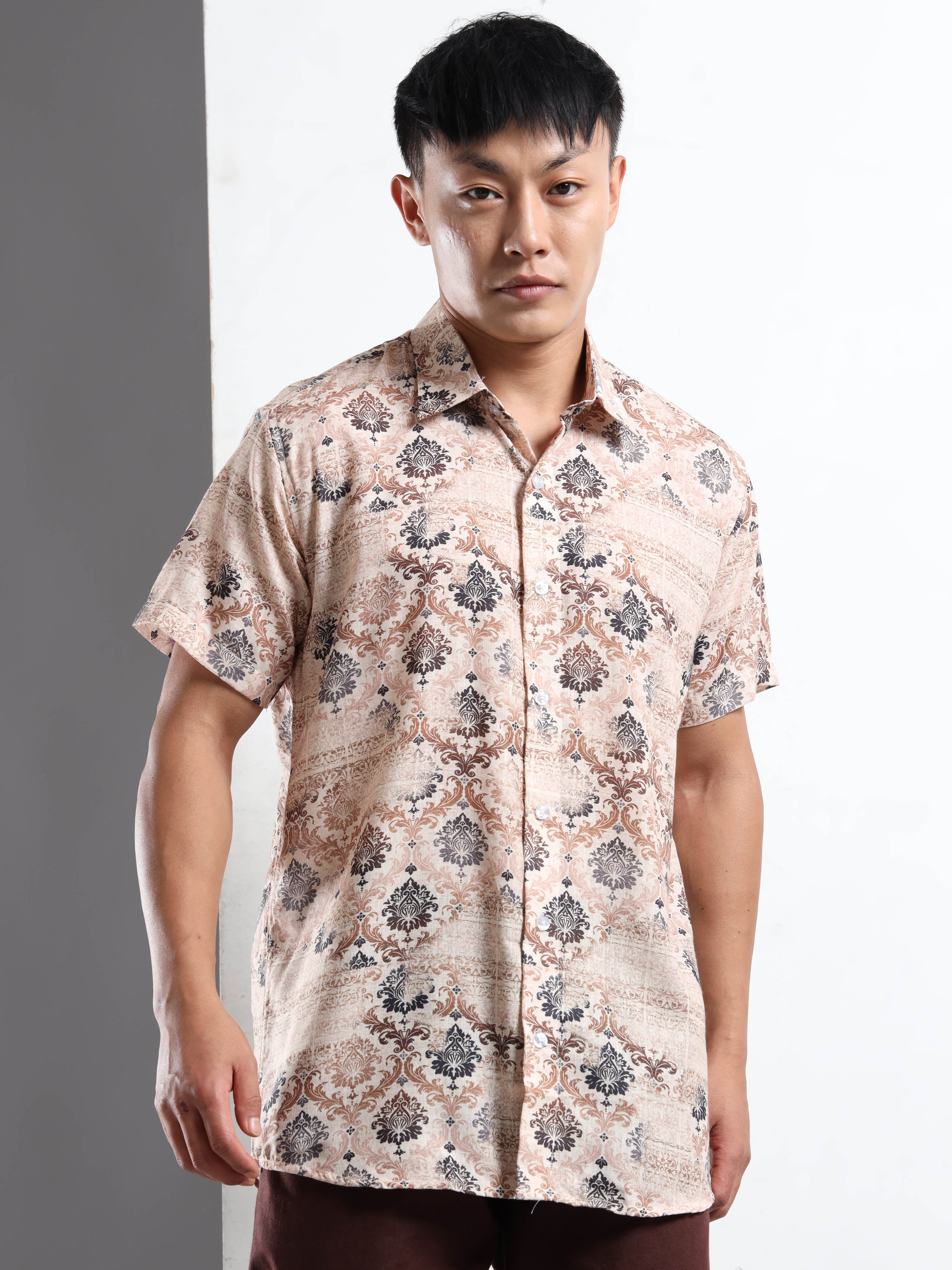Men's Cream and Brown Damask Print Short Sleeve Shirt