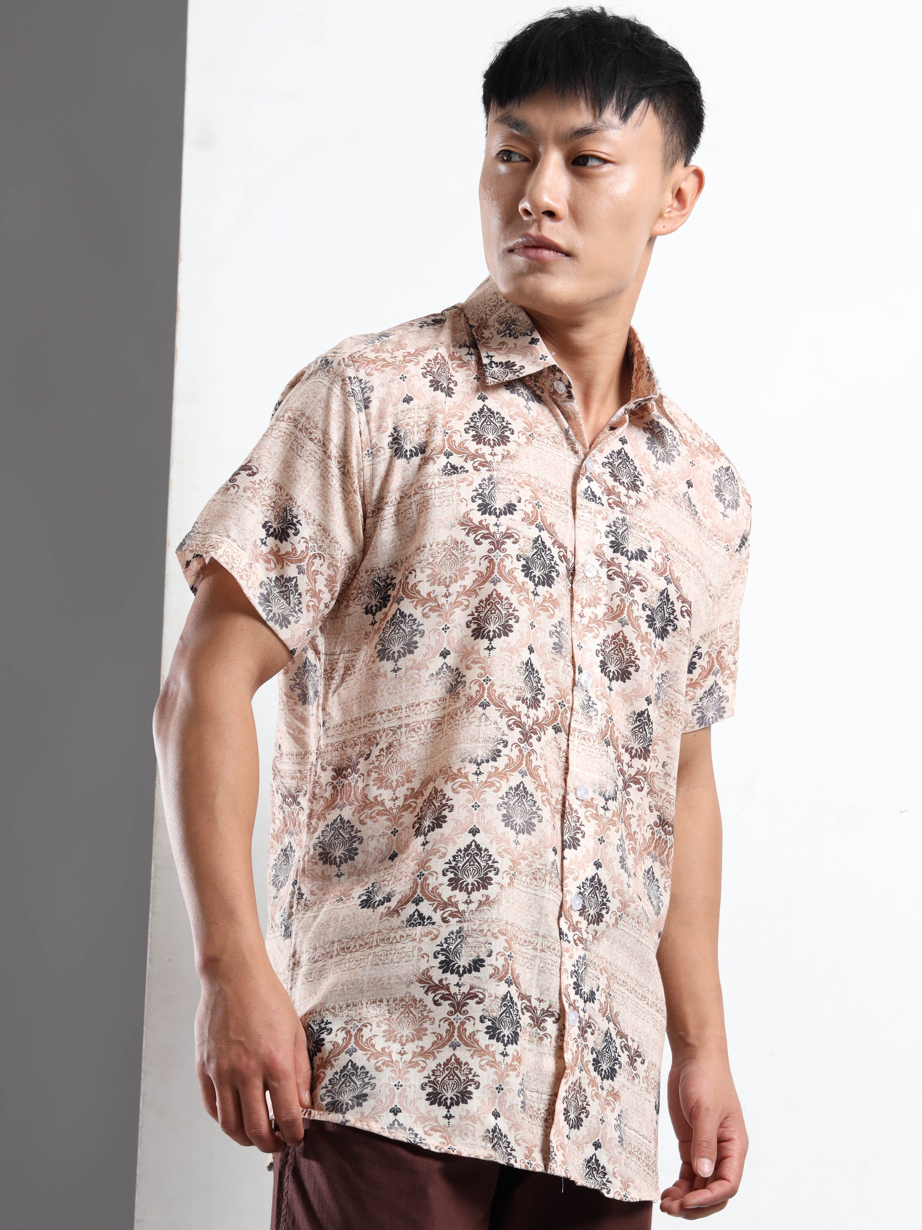Men's Cream and Brown Damask Print Short Sleeve Shirt