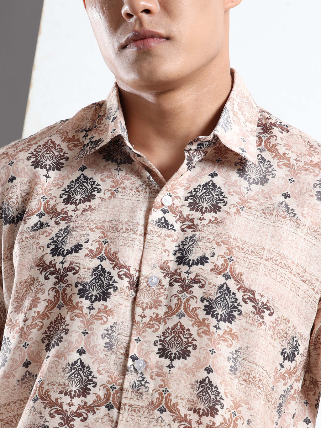 Men's Cream and Brown Damask Print Short Sleeve Shirt