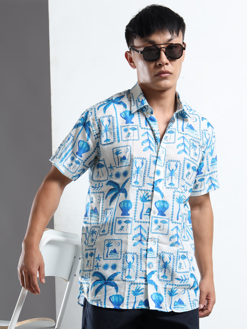 Men's Slim Fit White Blue Lobster Print Casual Shirt