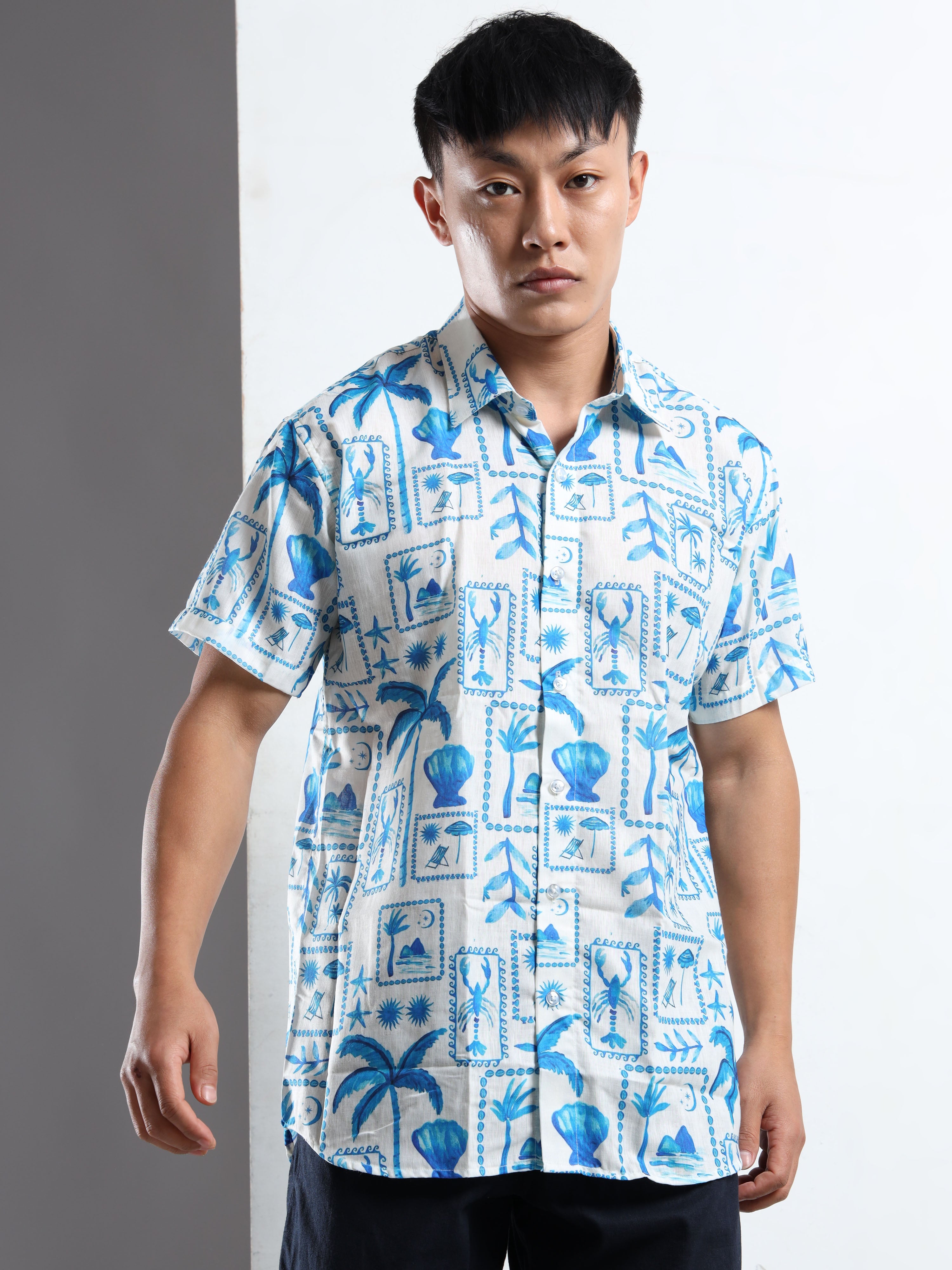 Men's Slim Fit White Blue Lobster Print Casual Shirt