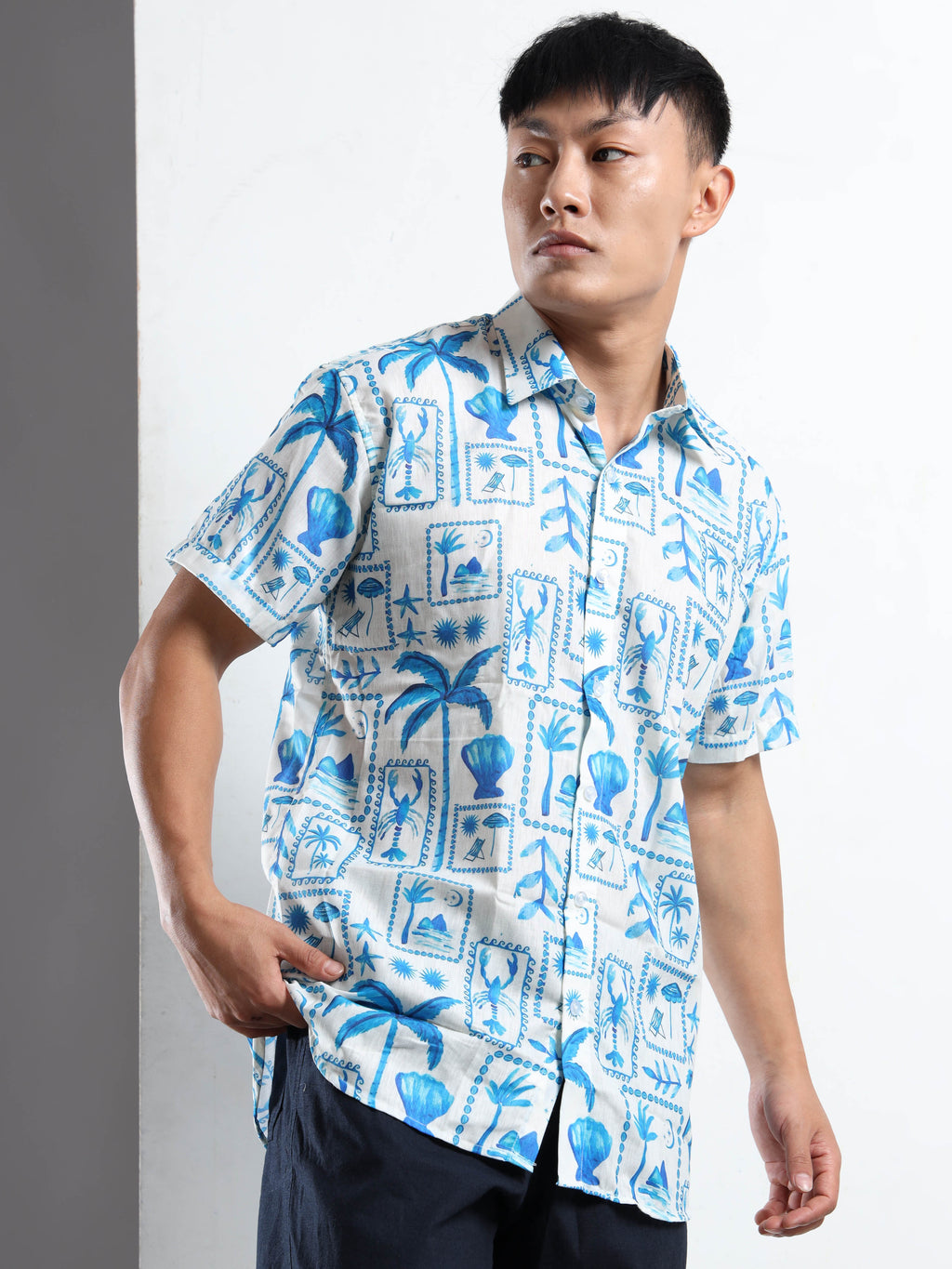 Men's Slim Fit White Blue Lobster Print Casual Shirt